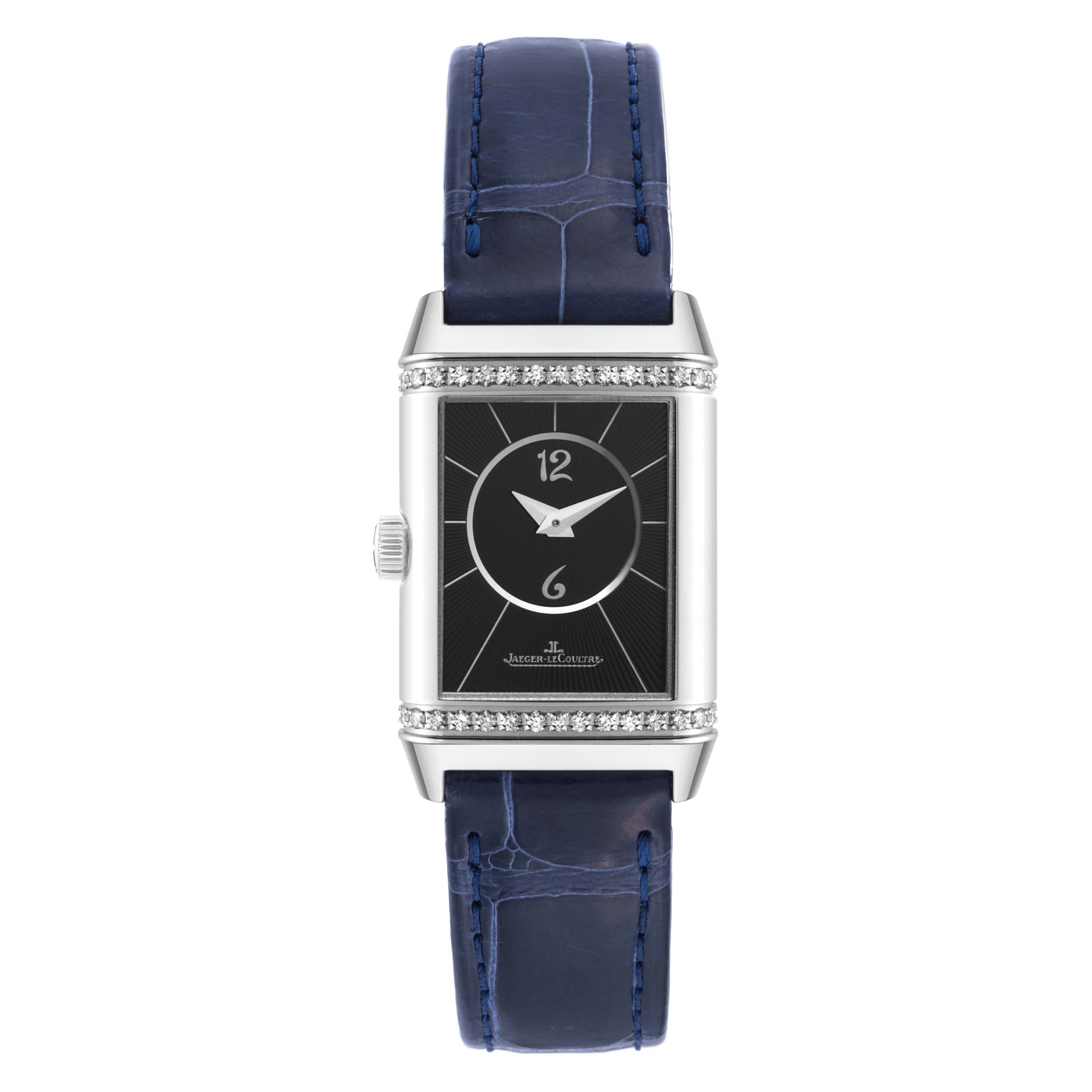 This image shows a frontal view of a Jaeger LeCoultre Reverso Q2668432 Women's Stainless Steel Silver Dial Q2668432 Women's Stainless Steel Silver Dial watch with a blue strap and a black dial.