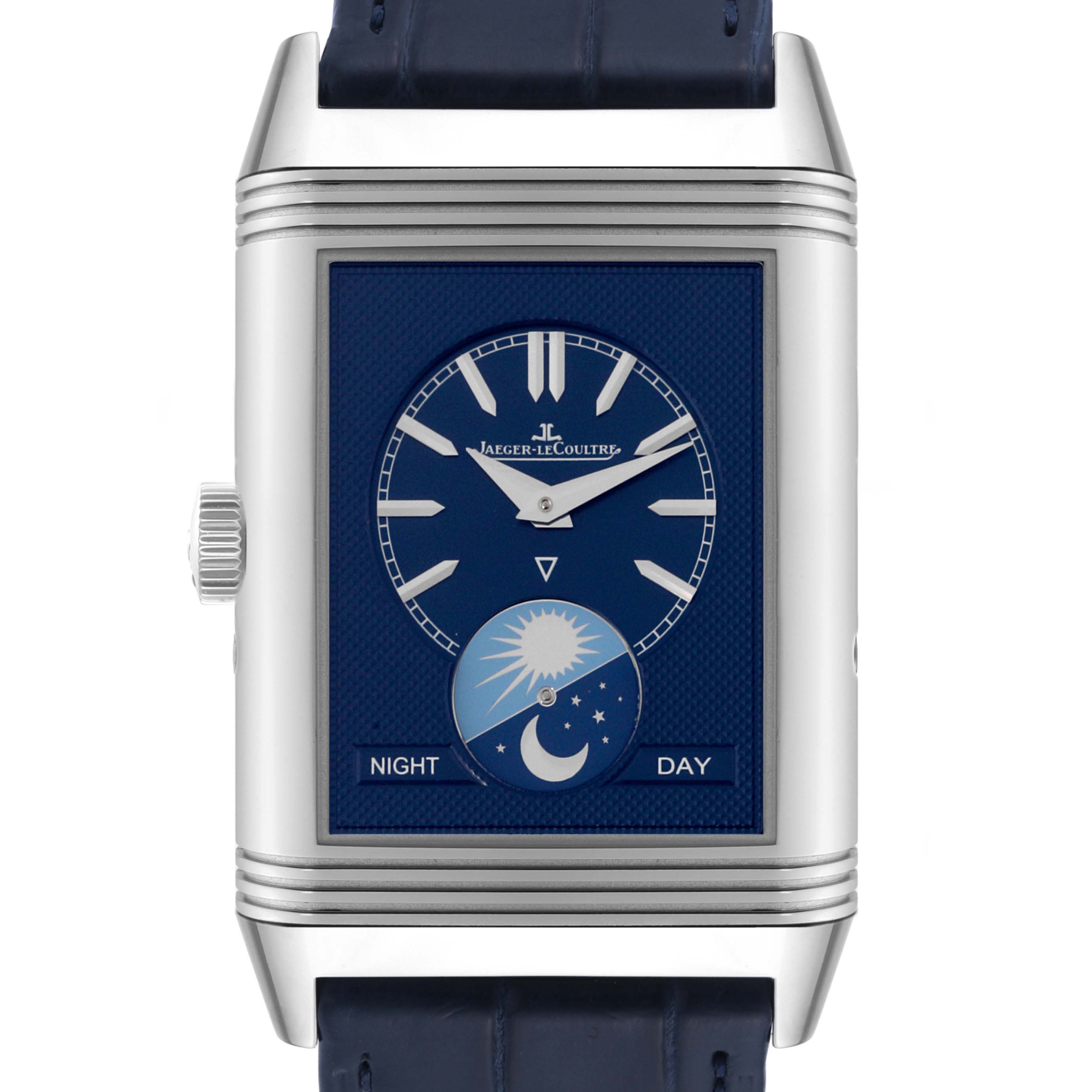 This is a front view of the Jaeger-LeCoultre Reverso watch, showcasing its dial, hour markers, hands, and day/night indicator.