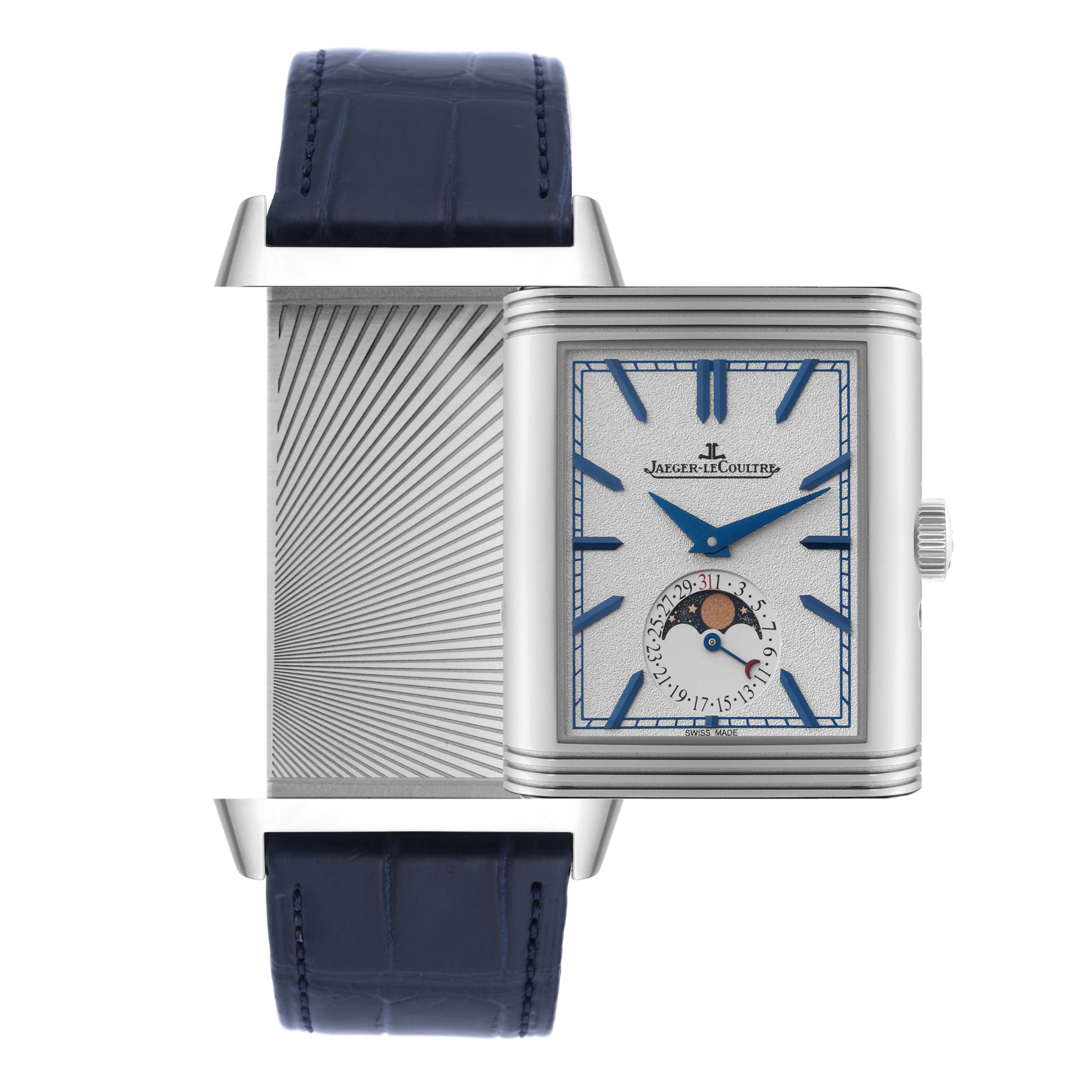 The image shows a frontal view of the Jaeger LeCoultre Reverso Q3958420 Men
s Stainless Steel Silver Dial Q3958420 Men
s Stainless Steel Silver Dial watch, highlighting its reversible dial and blue leather strap.