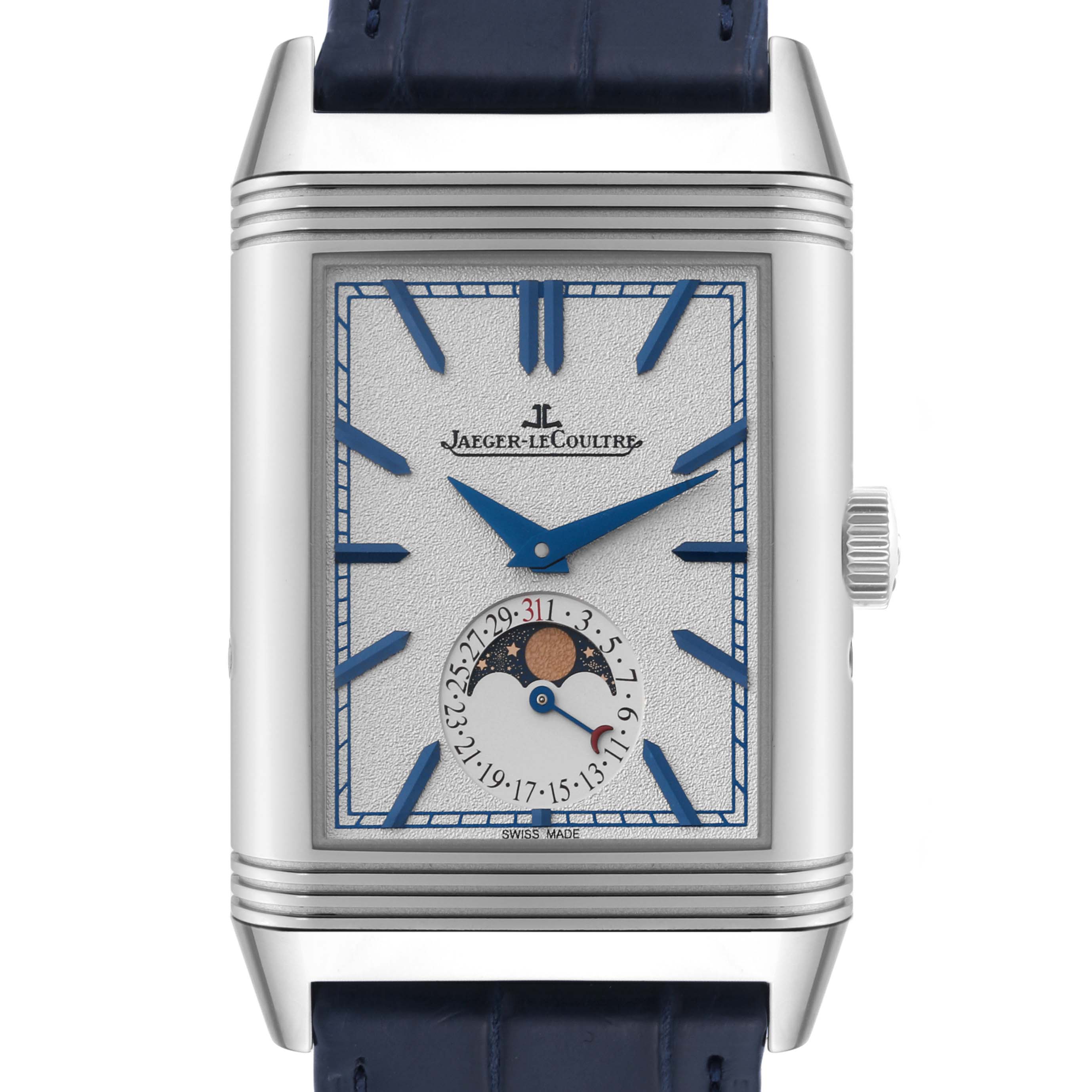 The image shows a frontal close-up view of the Jaeger LeCoultre Reverso Q3958420 Men
s Stainless Steel Silver Dial Q3958420 Men
s Stainless Steel Silver Dial watch, displaying the dial, hands, and a moonphase indicator.