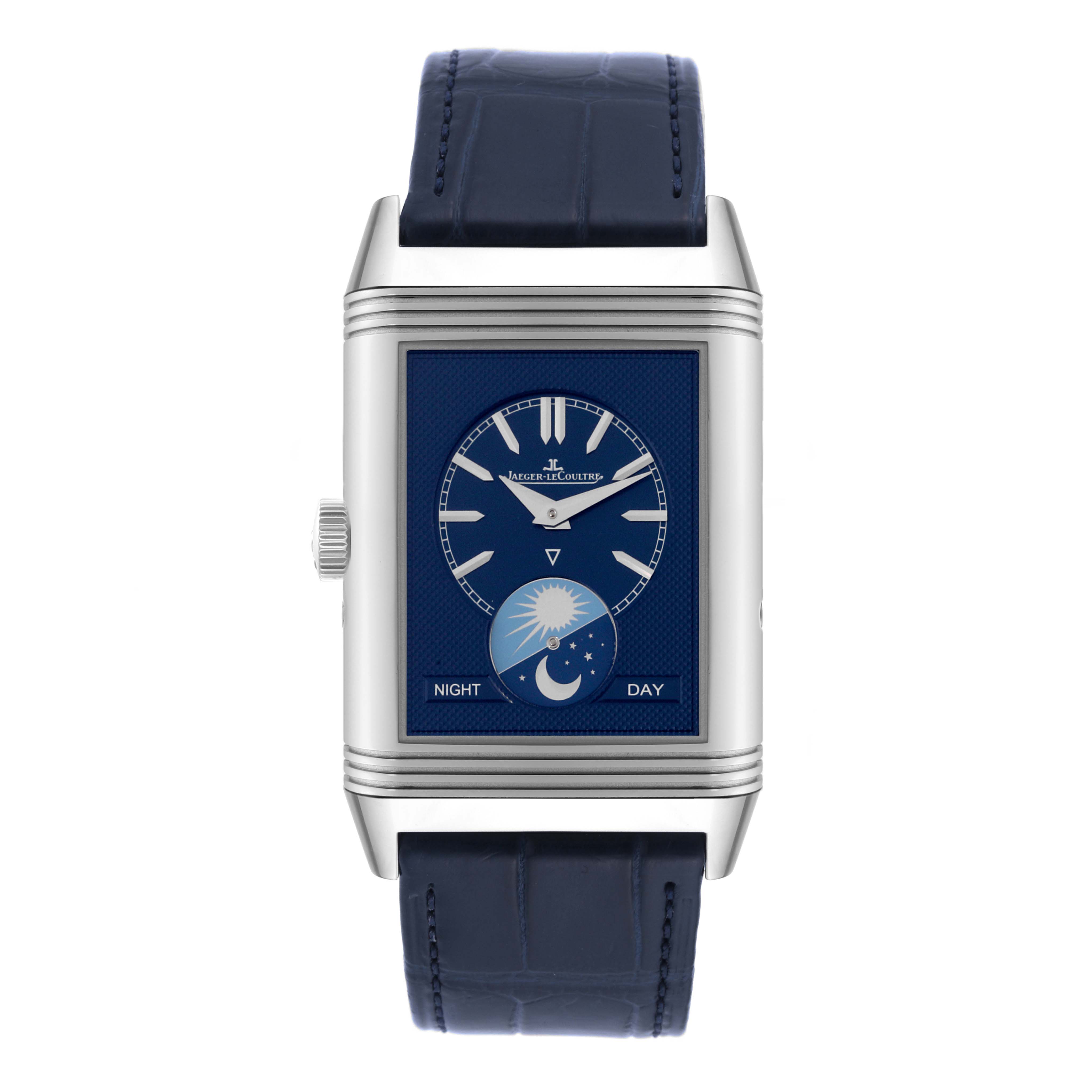 The image shows a frontal view of the Jaeger LeCoultre Reverso Q3958420 Men
s Stainless Steel Silver Dial Q3958420 Men
s Stainless Steel Silver Dial watch, featuring its blue dial and leather strap.