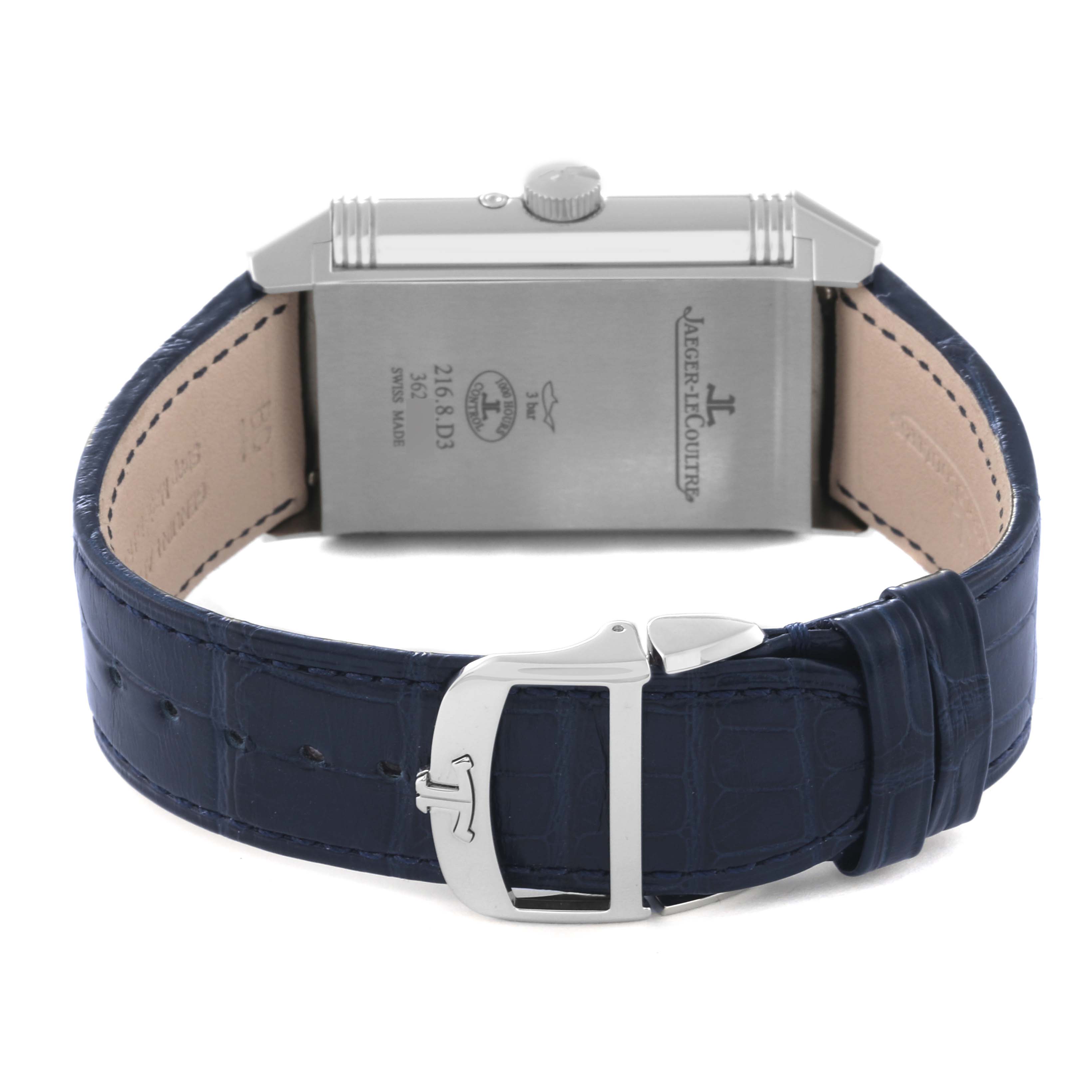 The image shows the back and side of a Jaeger LeCoultre Reverso Q3958420 Men
s Stainless Steel Silver Dial Q3958420 Men
s Stainless Steel Silver Dial watch with a blue leather strap and clasp.