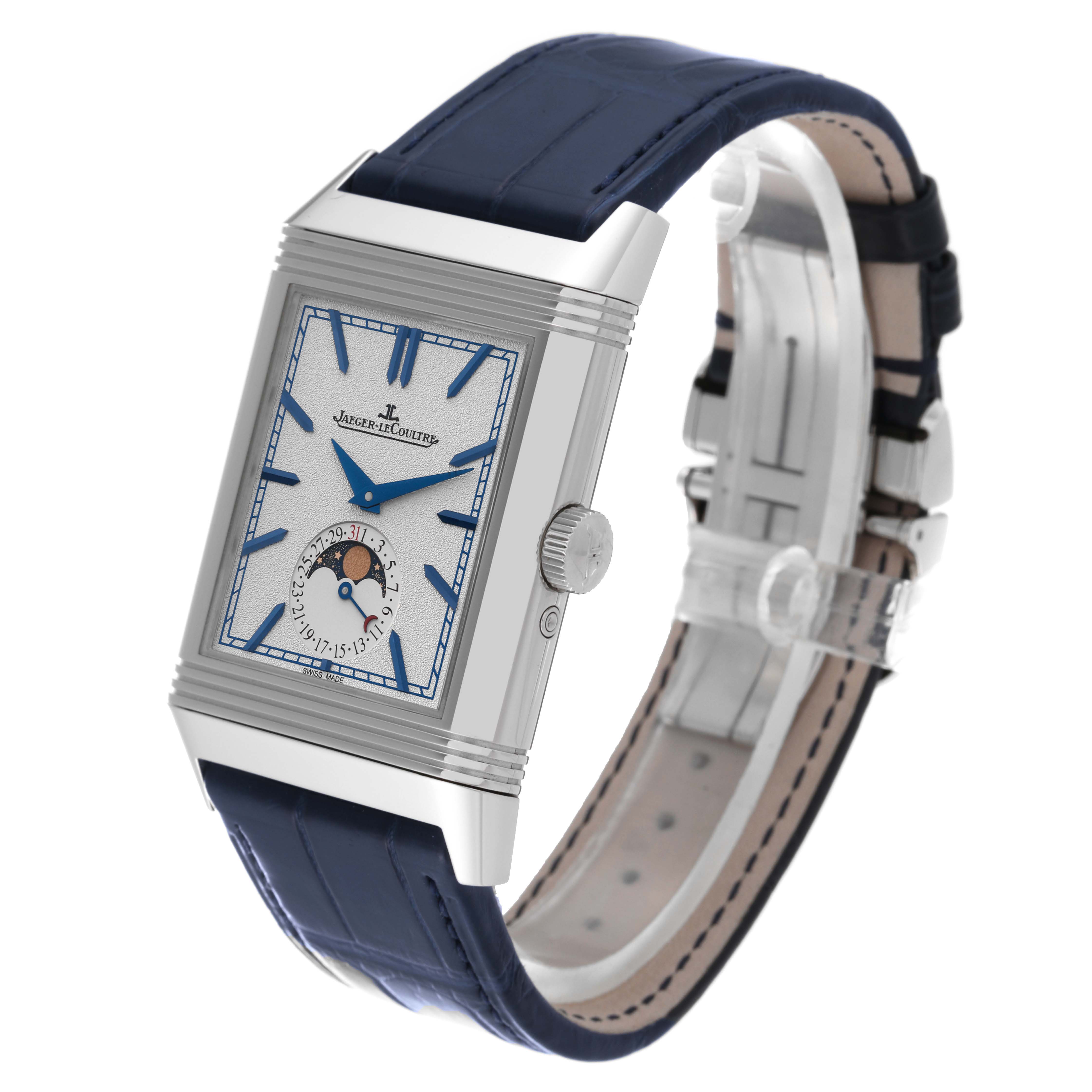 The image shows a Jaeger LeCoultre Reverso Q3958420 Men
s Stainless Steel Silver Dial Q3958420 Men
s Stainless Steel Silver Dial watch at a three-quarter angle, highlighting its face, crown, and blue leather strap.