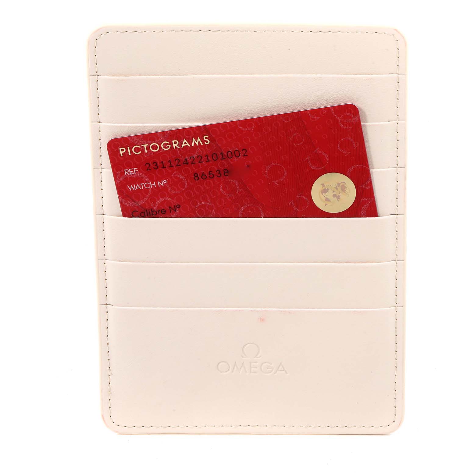 The image shows the warranty card holder with a Pictograms card for an Omega Aqua Terra 231.12.42.21.01.002 Men's Stainless Steel Black Dial 231.12.42.21.01.002 Men's Stainless Steel Black Dial watch, seen from the front angle.