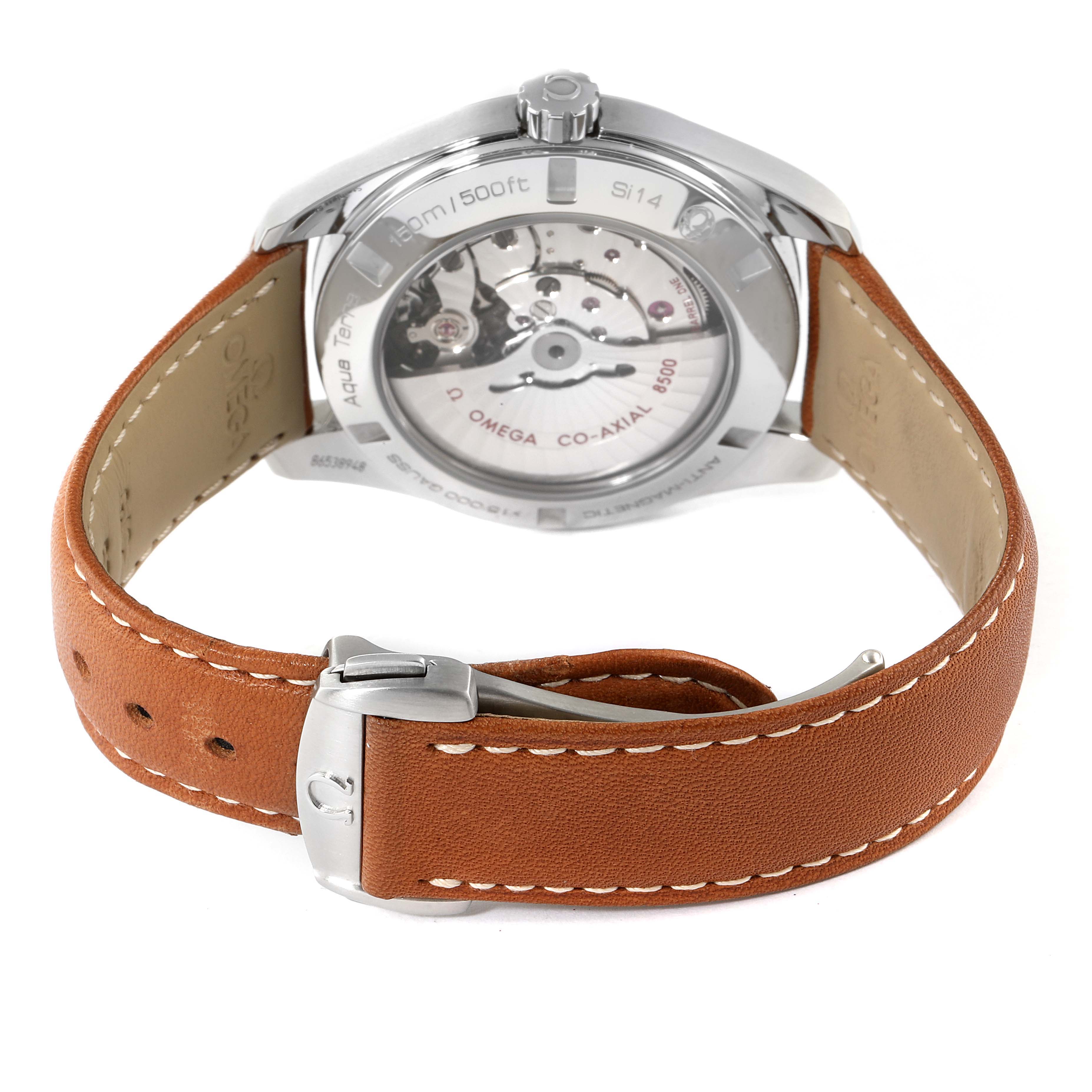 The image shows the back case and leather strap of the Omega Aqua Terra 231.12.42.21.01.002 Men's Stainless Steel Black Dial 231.12.42.21.01.002 Men's Stainless Steel Black Dial watch, highlighting its Co-Axial movement.