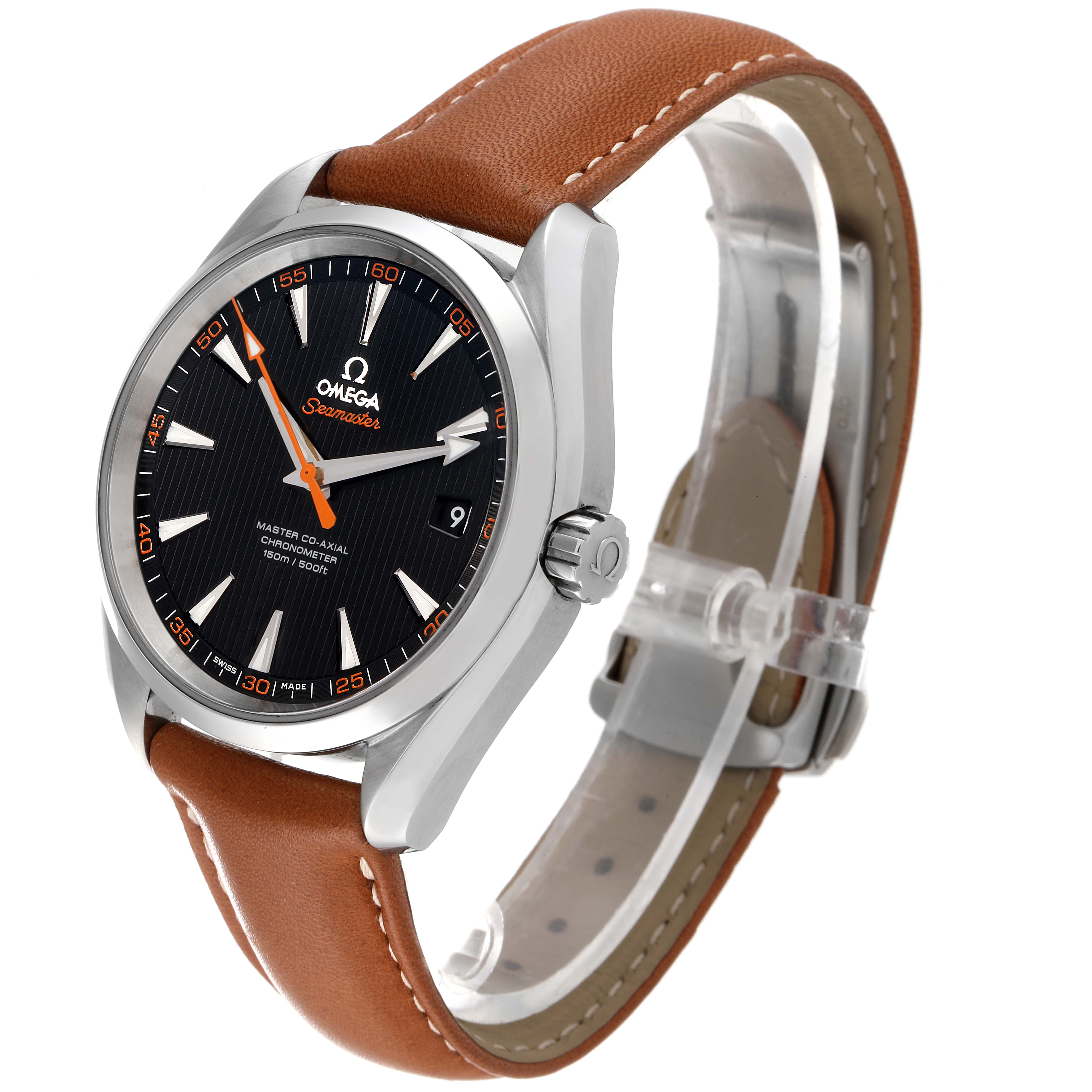 The angle displays the dial, crown, and leather strap of the Omega Aqua Terra 231.12.42.21.01.002 Men's Stainless Steel Black Dial 231.12.42.21.01.002 Men's Stainless Steel Black Dial watch.