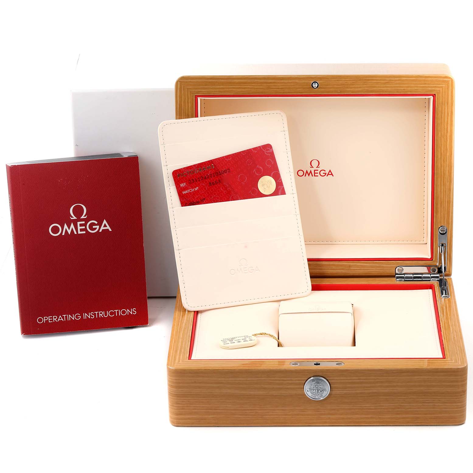 The image shows the Omega Aqua Terra 231.12.42.21.01.002 Men's Stainless Steel Black Dial 231.12.42.21.01.002 Men's Stainless Steel Black Dial watch box, operating manual, and warranty card holder from a frontal view.