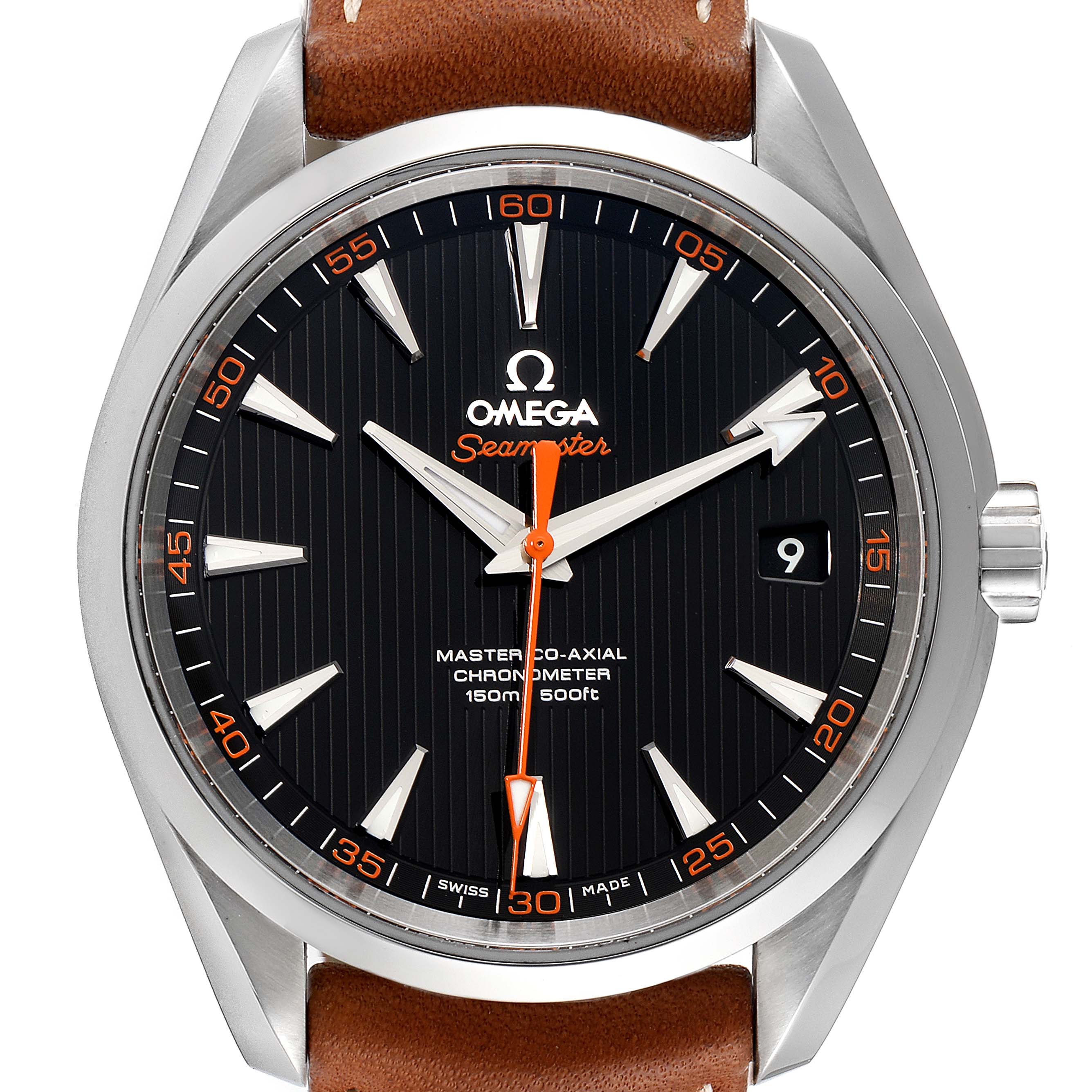 The Omega Aqua Terra 231.12.42.21.01.002 Men's Stainless Steel Black Dial 231.12.42.21.01.002 Men's Stainless Steel Black Dial watch is shown in a frontal view displaying its face, bezel, crown, and part of the leather strap.