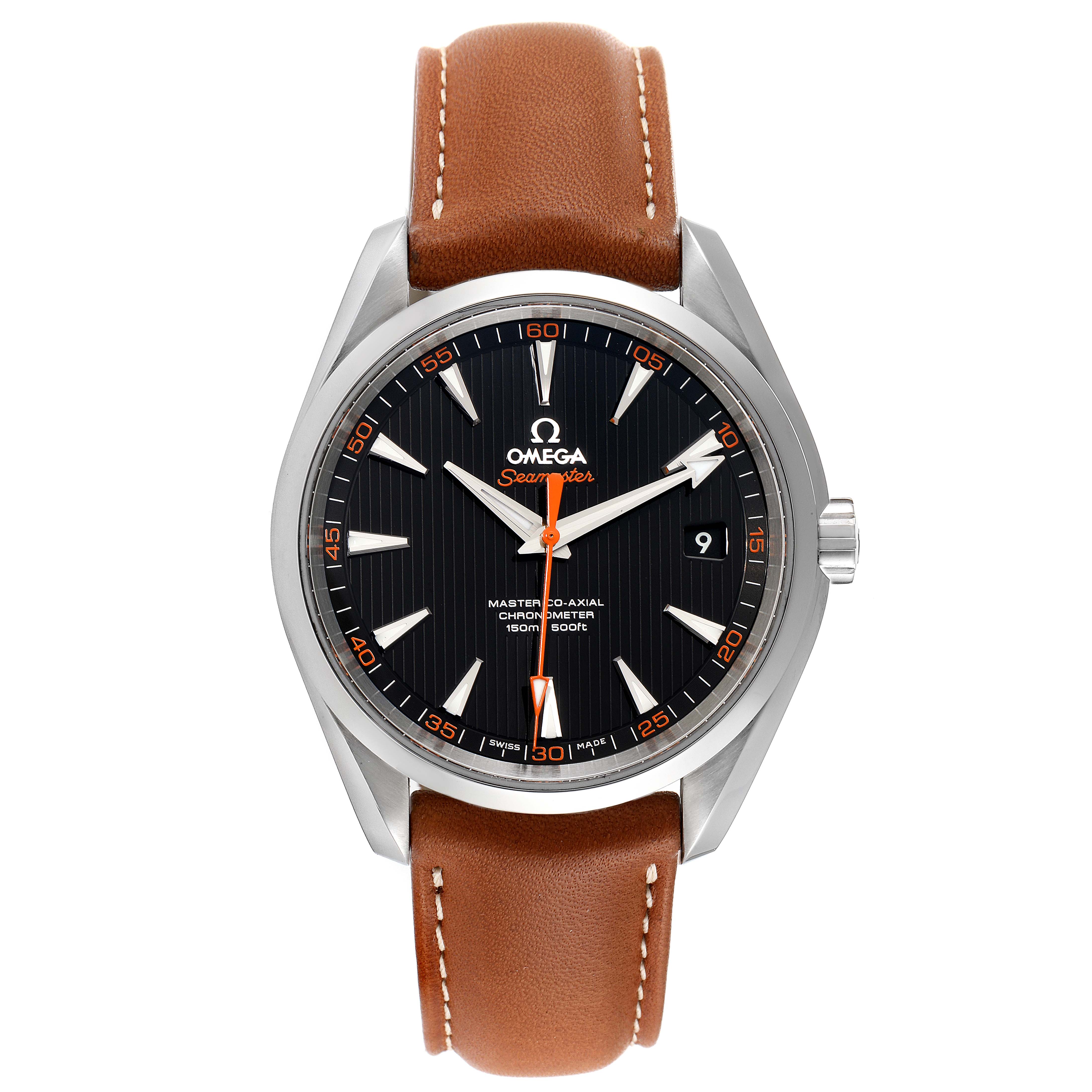 The image shows a front view of the Omega Aqua Terra 231.12.42.21.01.002 Men's Stainless Steel Black Dial 231.12.42.21.01.002 Men's Stainless Steel Black Dial watch with a black dial and brown leather strap.