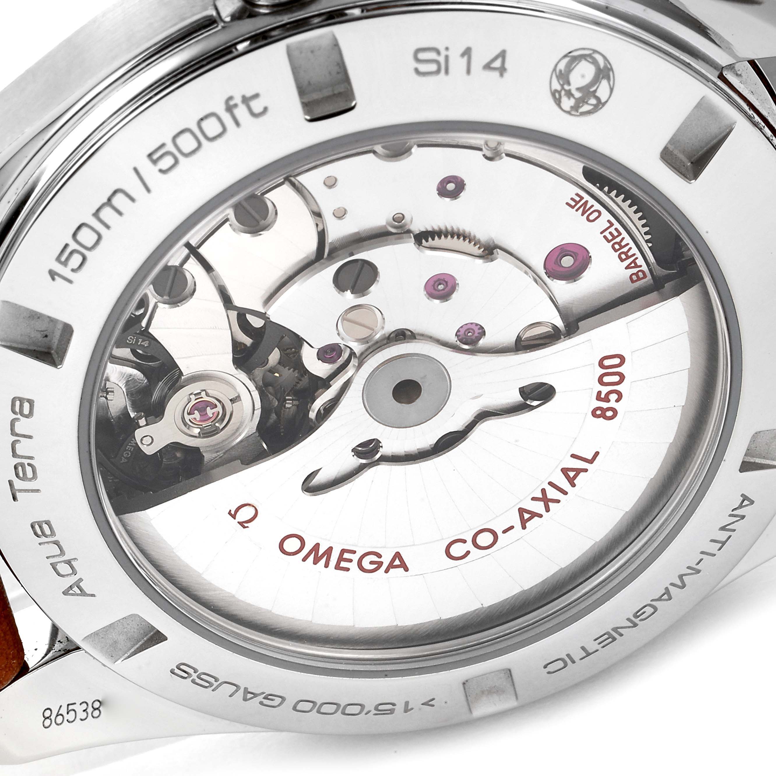 This image shows the back of the Omega Aqua Terra 231.12.42.21.01.002 Men's Stainless Steel Black Dial 231.12.42.21.01.002 Men's Stainless Steel Black Dial watch, revealing the Co-Axial 8500 movement and internal mechanics.