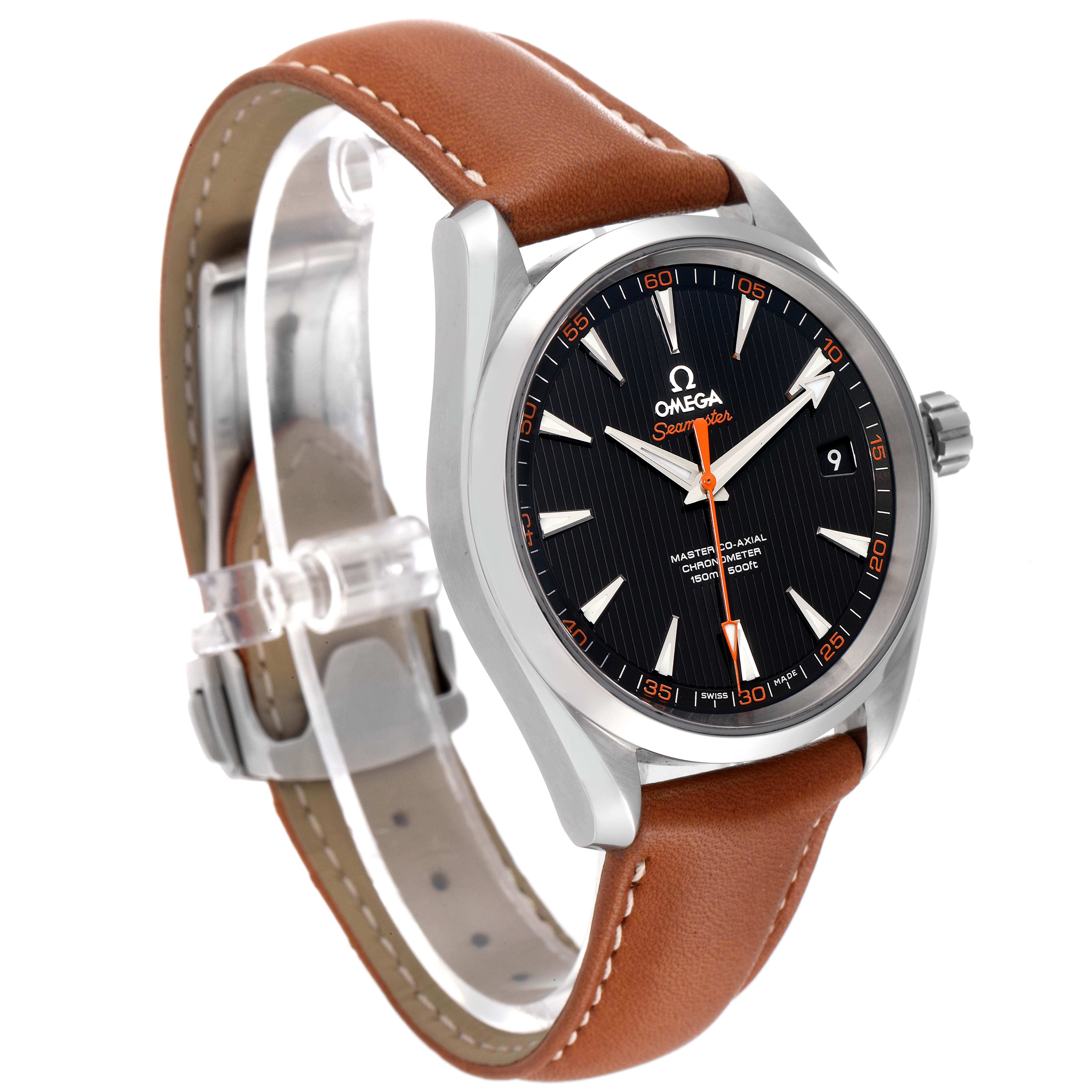 The image shows an Omega Aqua Terra 231.12.42.21.01.002 Men's Stainless Steel Black Dial 231.12.42.21.01.002 Men's Stainless Steel Black Dial watch at a three-quarter front angle, highlighting the face, bezel, crown, and leather strap.