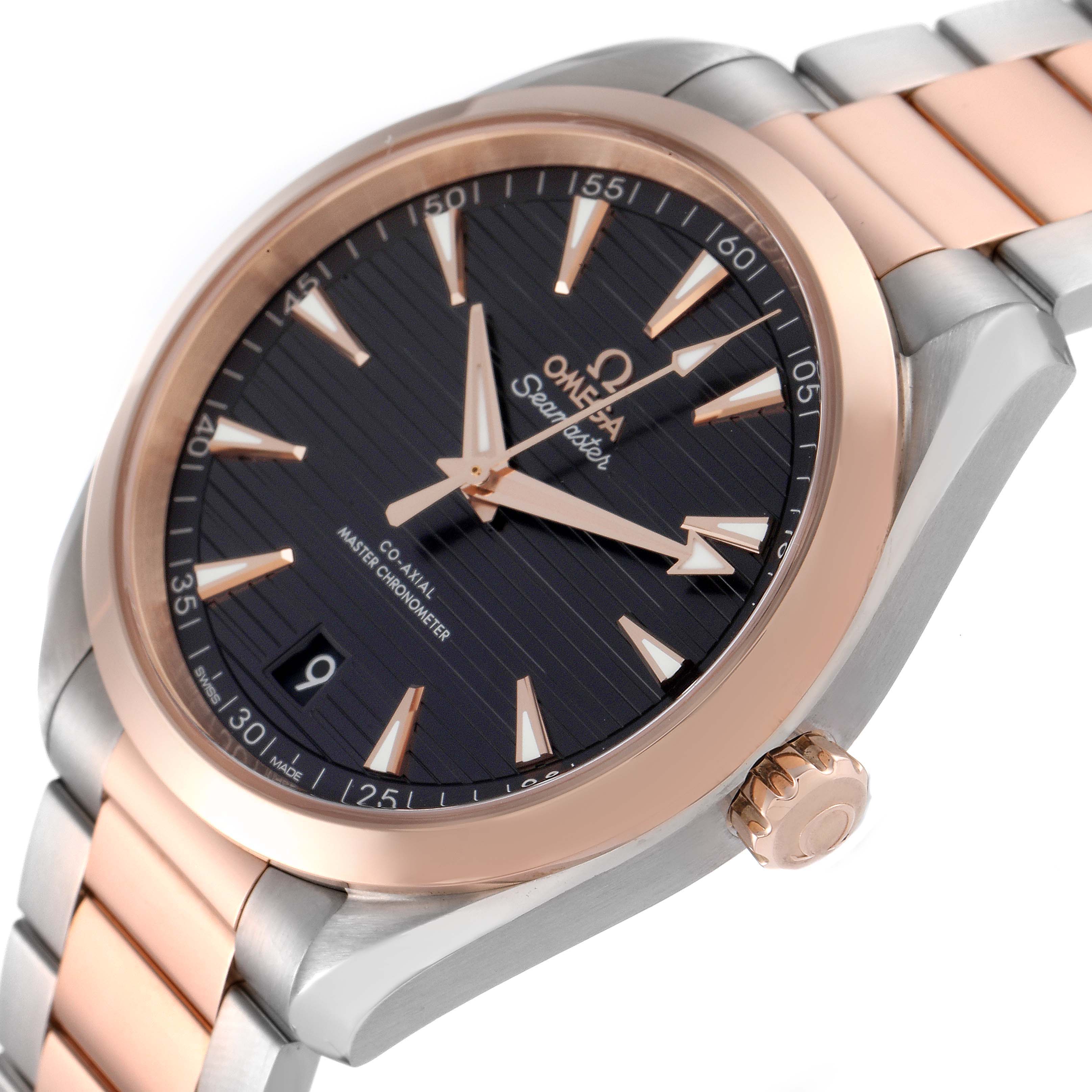 The Omega Aqua Terra 220.20.41.21.06.001 Men
s Steel and Gold (two tone) Grey Dial 220.20.41.21.06.001 Men
s Steel and Gold (two tone) Grey Dial watch is shown at an angle, highlighting the dial, crown, and two-tone bracelet.