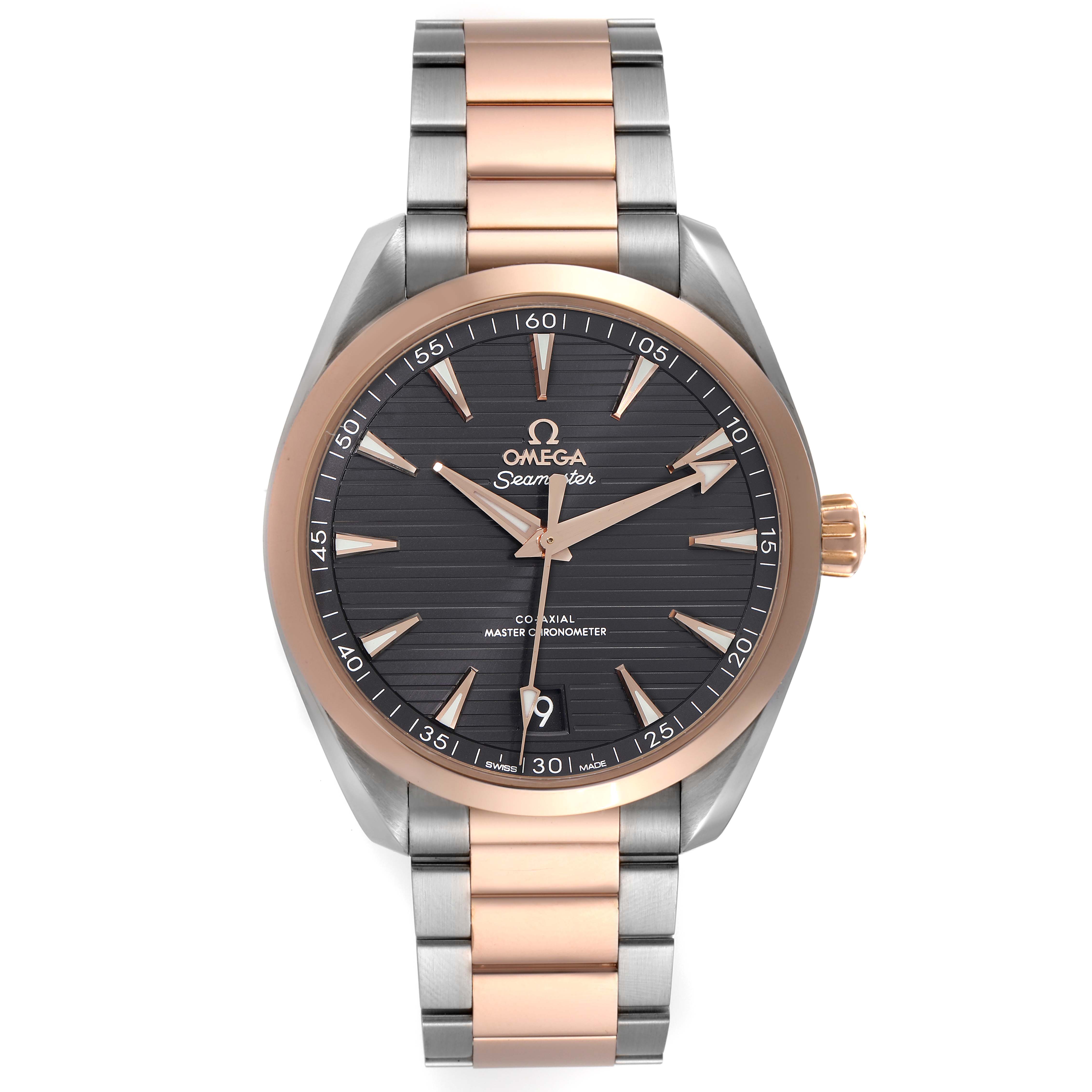 This is a frontal view of the Omega Aqua Terra 220.20.41.21.06.001 Men
s Steel and Gold (two tone) Grey Dial 220.20.41.21.06.001 Men
s Steel and Gold (two tone) Grey Dial watch, showing the dial, bezel, crown, and two-tone bracelet.
