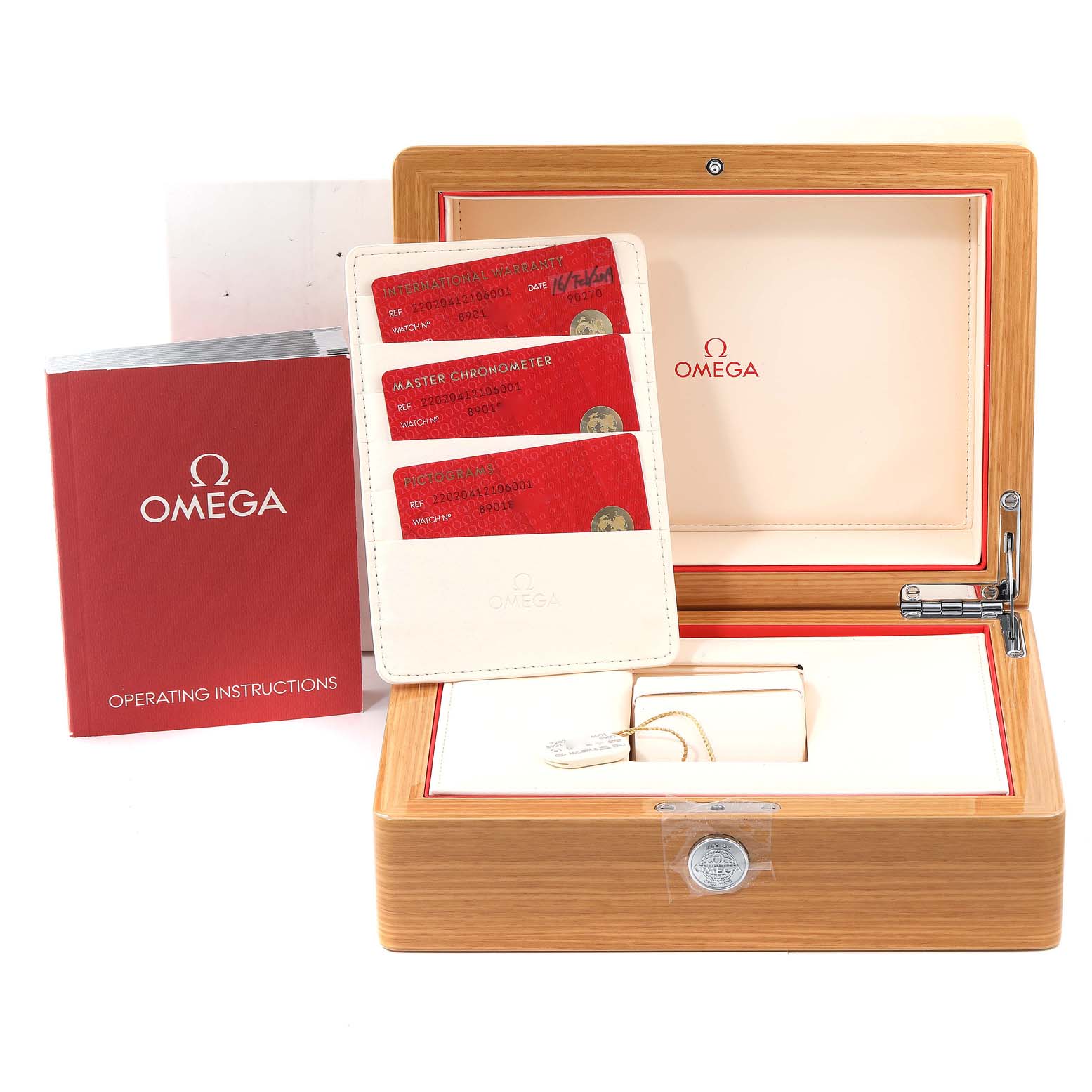 The image shows the packaging, instruction manual, warranty cards, and box of the Omega Aqua Terra 220.20.41.21.06.001 Men
s Steel and Gold (two tone) Grey Dial 220.20.41.21.06.001 Men
s Steel and Gold (two tone) Grey Dial watch model.