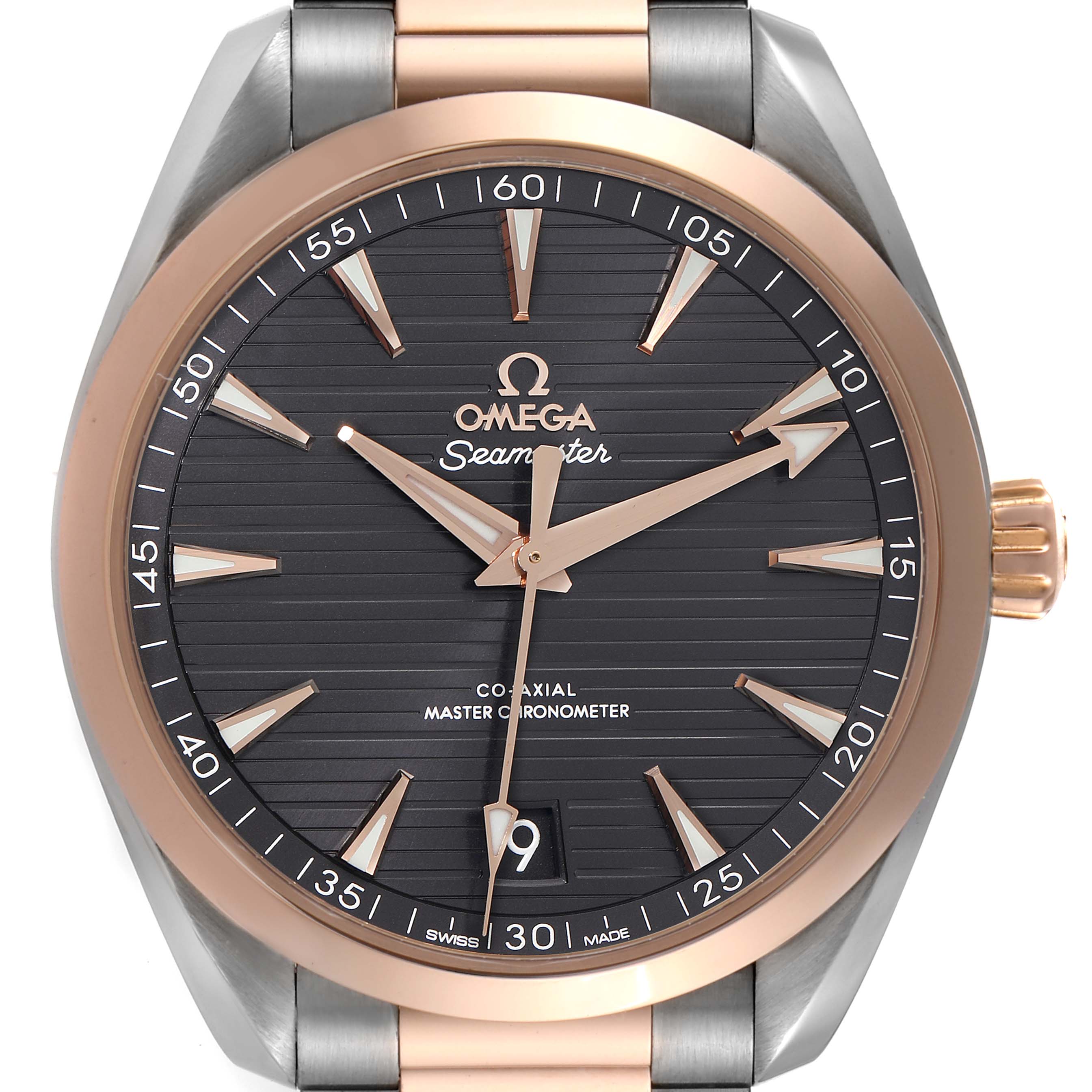 The image shows a front view of the Omega Aqua Terra 220.20.41.21.06.001 Men
s Steel and Gold (two tone) Grey Dial 220.20.41.21.06.001 Men
s Steel and Gold (two tone) Grey Dial watch, highlighting its dial, hands, markers, bezel, and part of the strap.