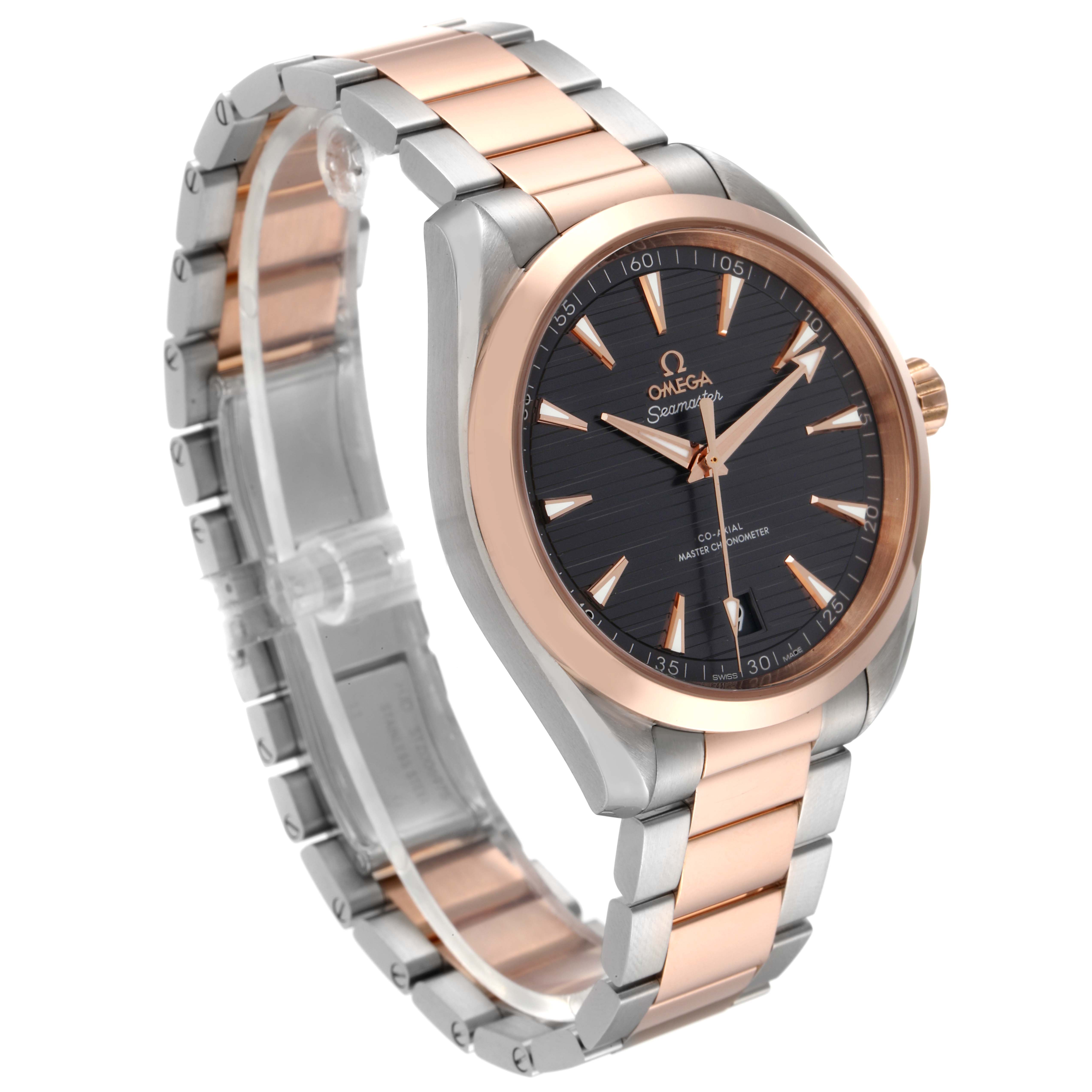 The image showcases the Omega Aqua Terra 220.20.41.21.06.001 Men
s Steel and Gold (two tone) Grey Dial 220.20.41.21.06.001 Men
s Steel and Gold (two tone) Grey Dial watch from an angled side view, detailing the dial, bezel, and metal bracelet.