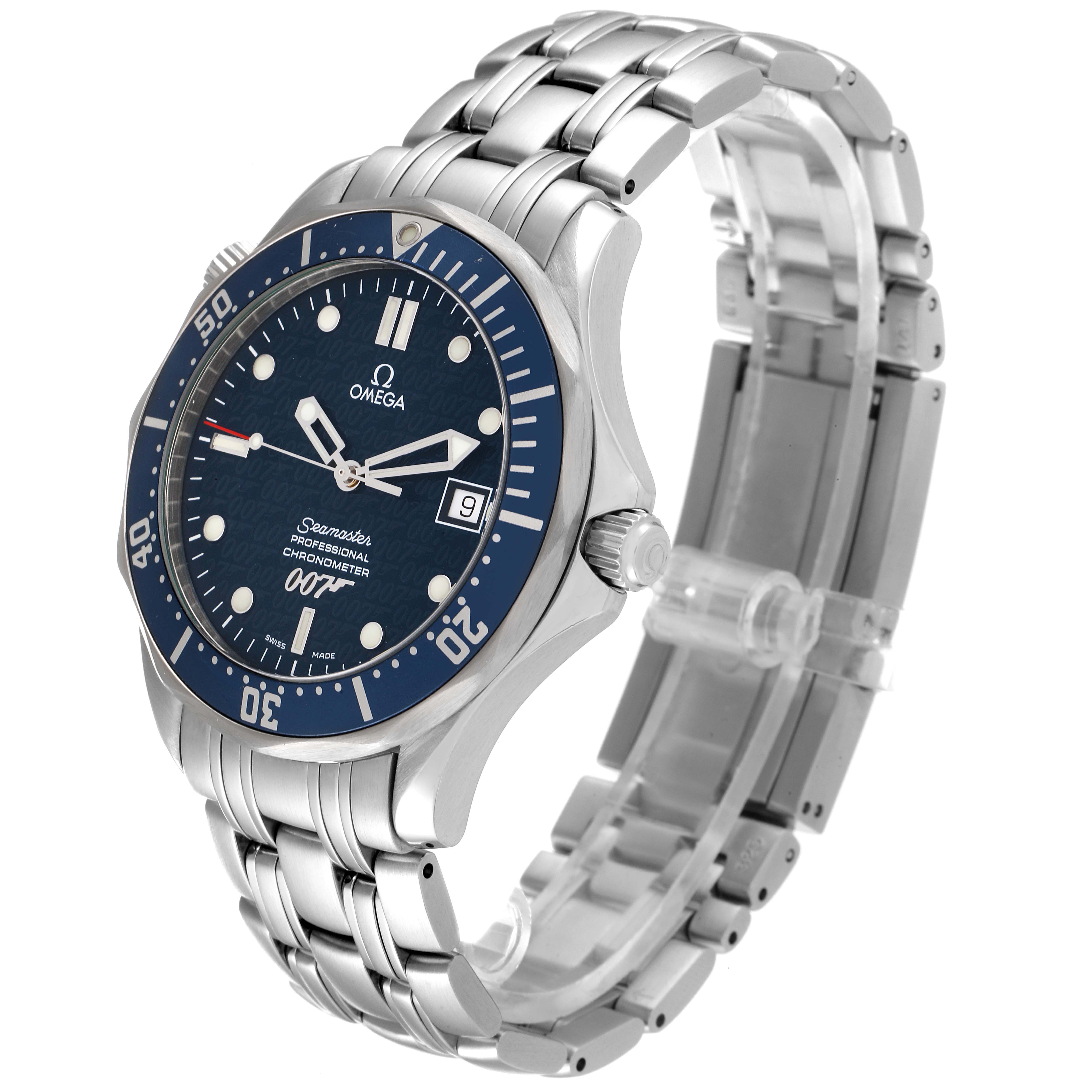 The image shows an angled view of an Omega Seamaster 2537.80.00 Men's Stainless Steel Blue Dial 2537.80.00 Men's Stainless Steel Blue Dial watch, highlighting the face, bezel, and stainless steel bracelet.