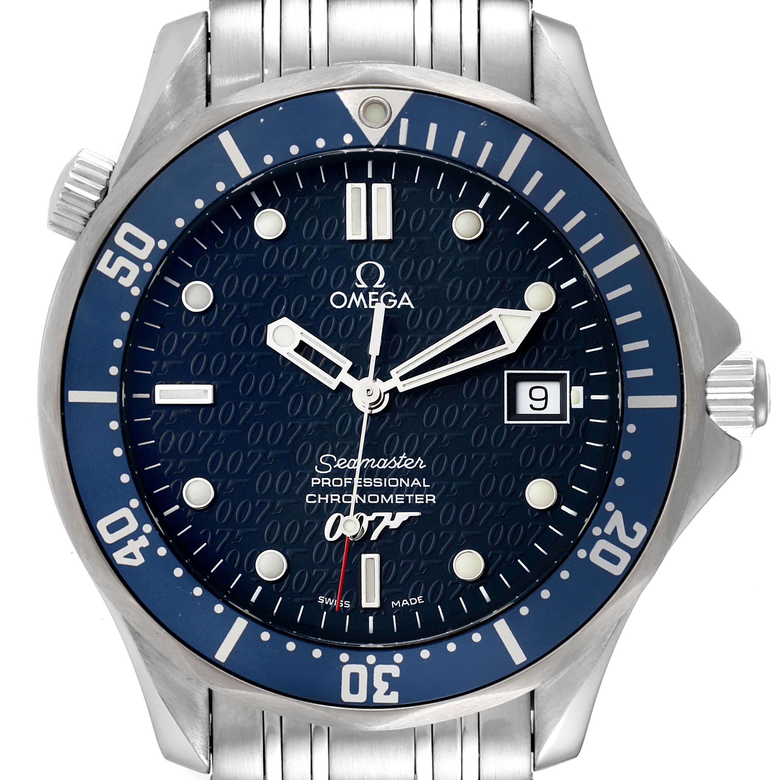 The image shows a front view of the Omega Seamaster 2537.80.00 Men's Stainless Steel Blue Dial 2537.80.00 Men's Stainless Steel Blue Dial watch, highlighting its face, bezel, crown, and part of the bracelet.