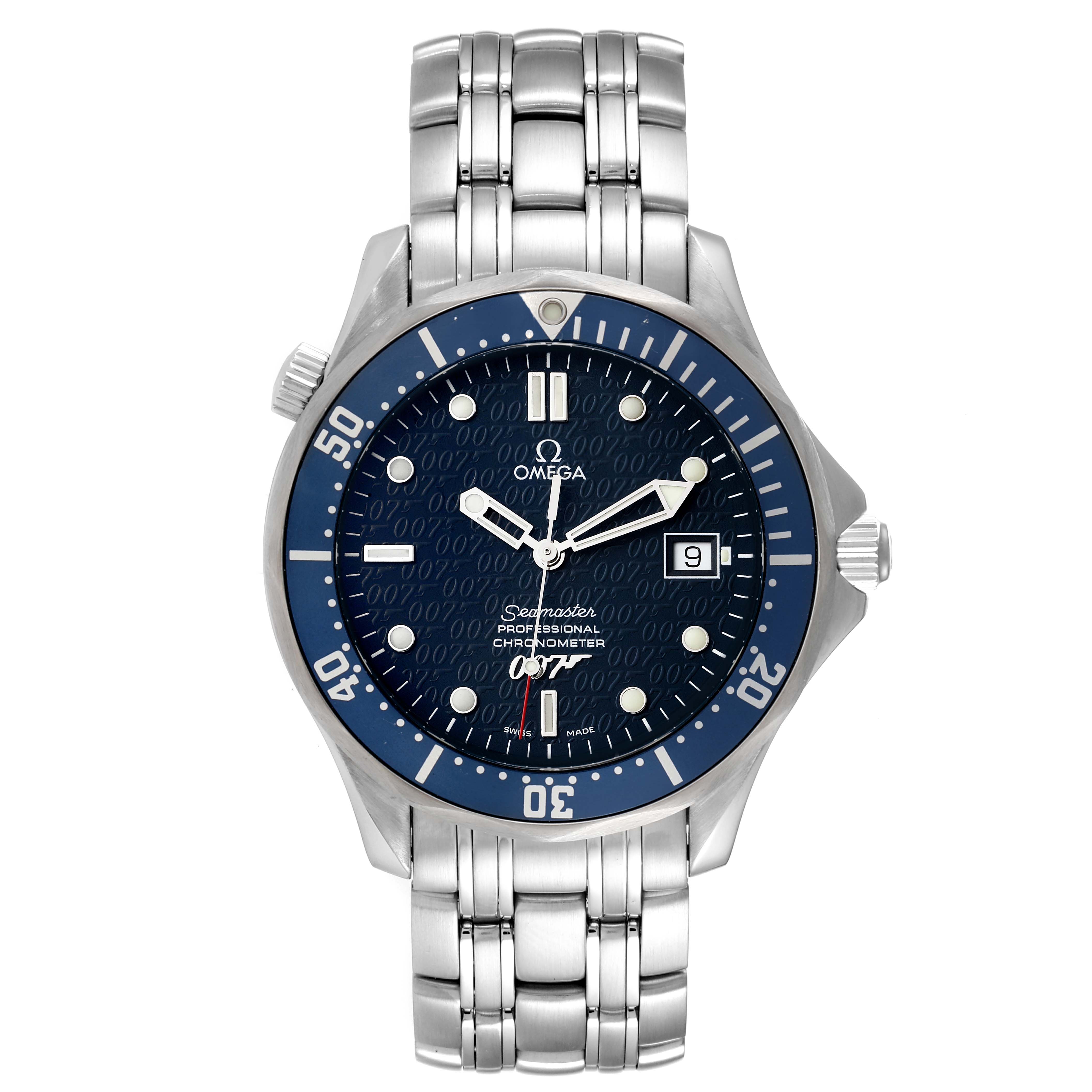 The image shows a front view of the Omega Seamaster 2537.80.00 Men's Stainless Steel Blue Dial 2537.80.00 Men's Stainless Steel Blue Dial watch, highlighting its dial, bezel, and bracelet.