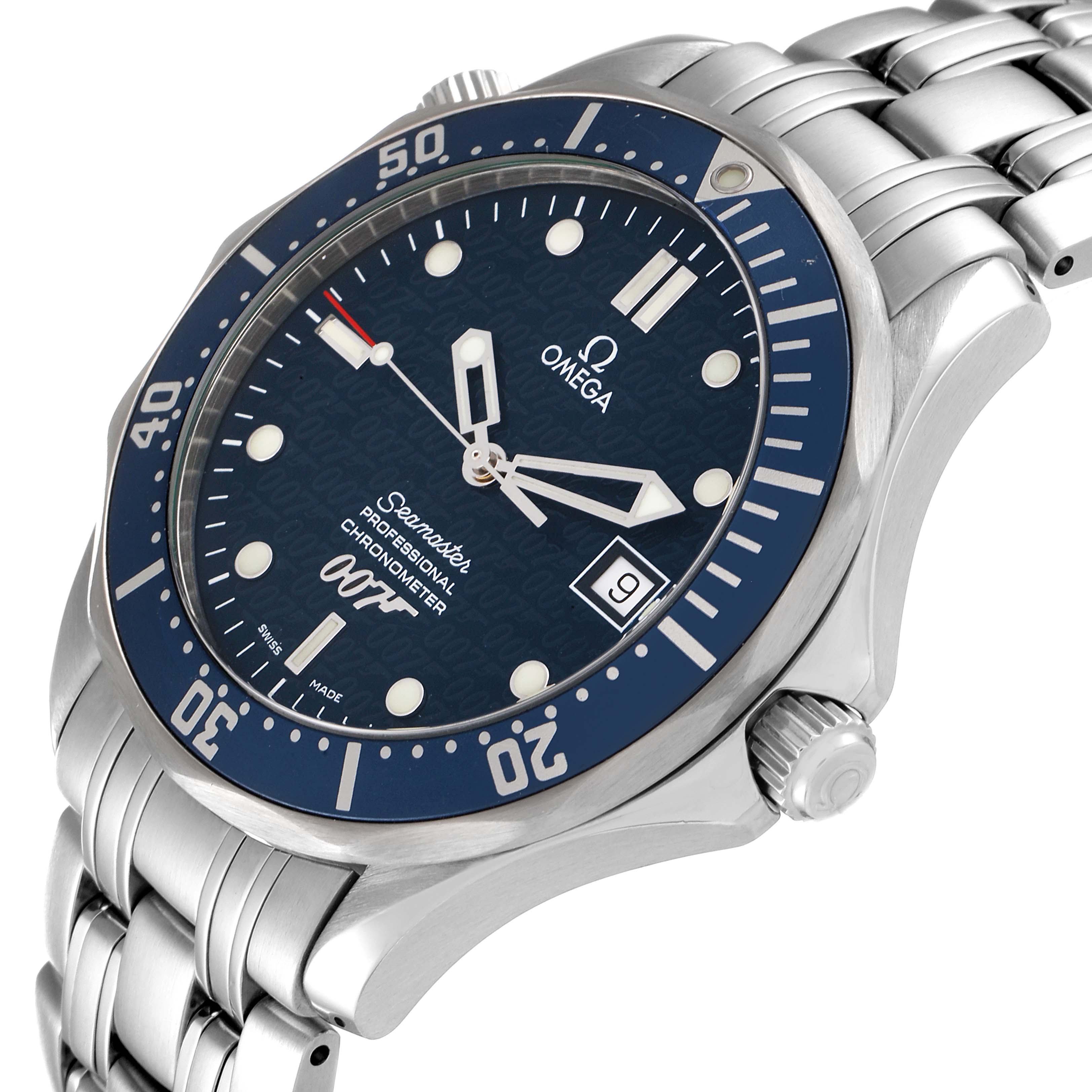 The image shows the Omega Seamaster 2537.80.00 Men's Stainless Steel Blue Dial 2537.80.00 Men's Stainless Steel Blue Dial watch from a three-quarter angle, highlighting the dial, bezel, and part of the bracelet.