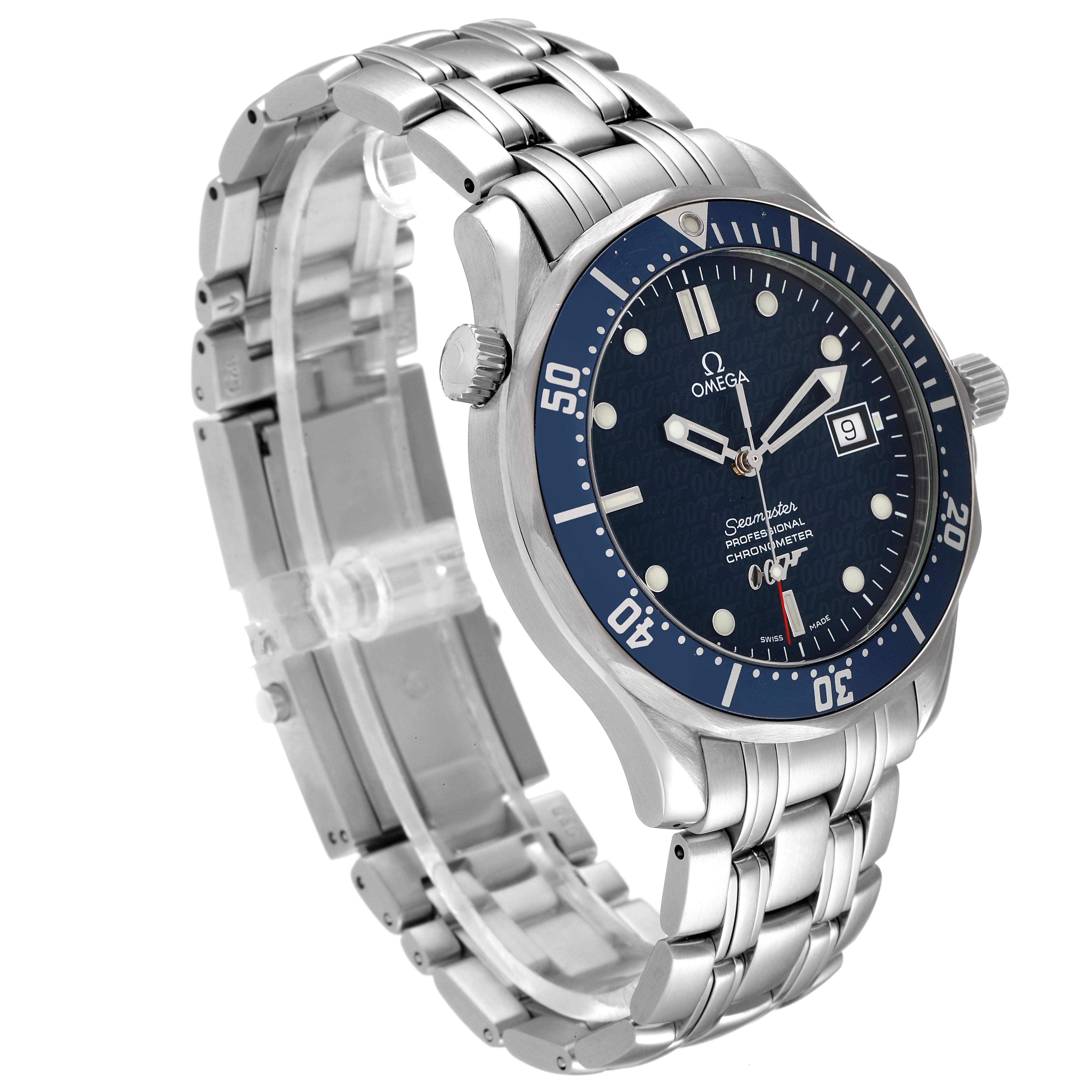 The image shows a side angle of the Omega Seamaster 2537.80.00 Men's Stainless Steel Blue Dial 2537.80.00 Men's Stainless Steel Blue Dial watch, highlighting its bracelet, bezel, and face with clear detailing.