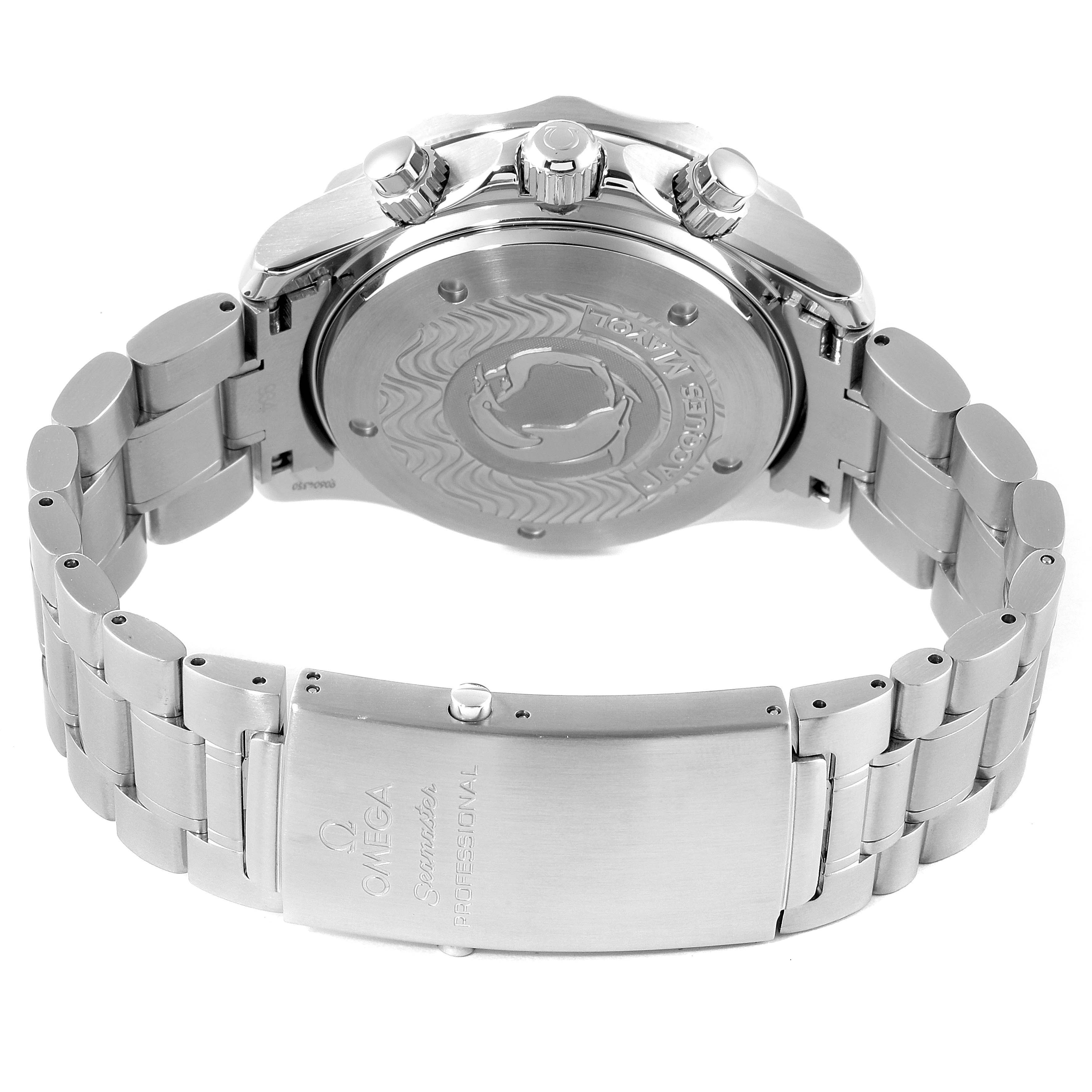 The image shows the back case and bracelet clasp of an Omega Seamaster 2595.50.00 Men's Stainless Steel Black Dial 2595.50.00 Men's Stainless Steel Black Dial watch.