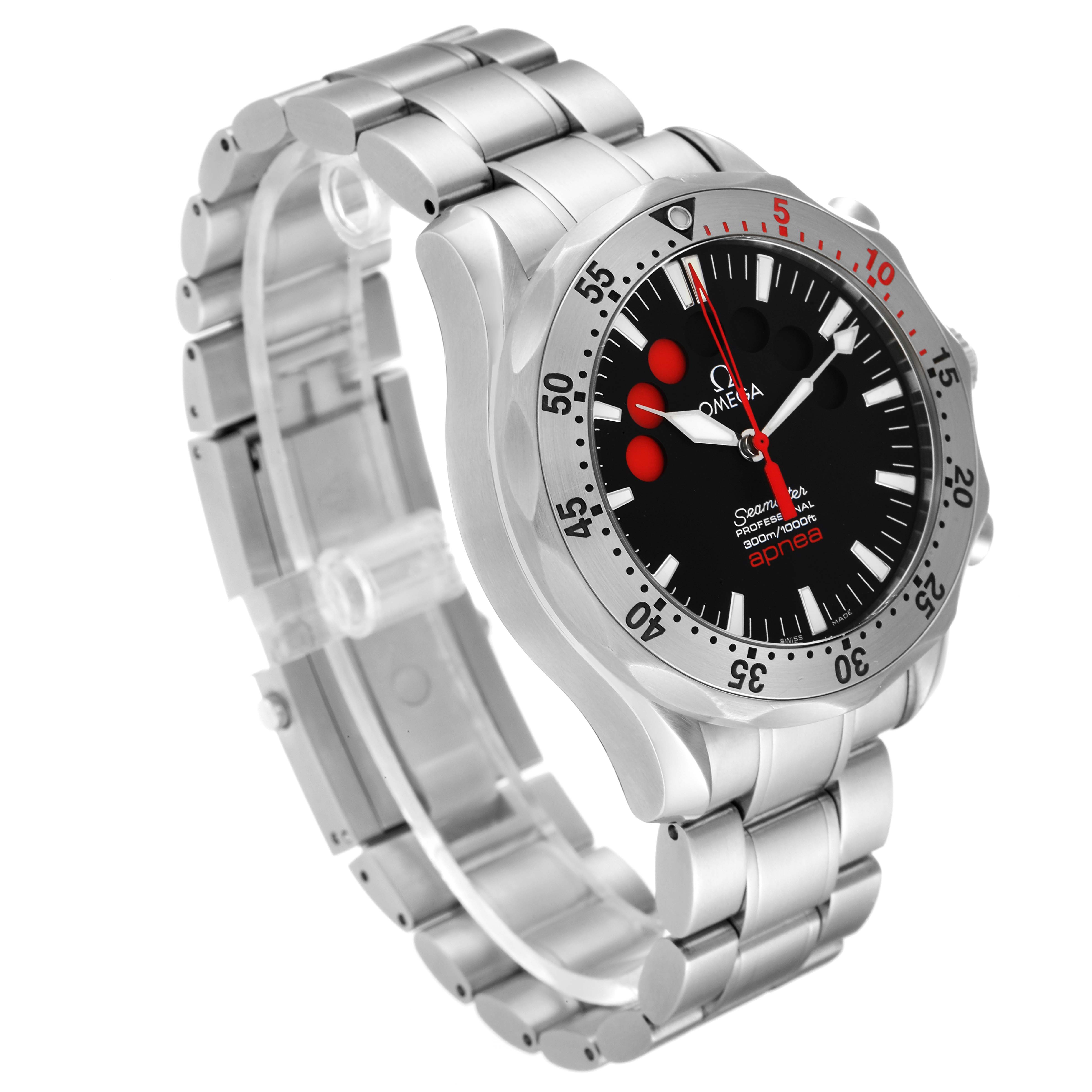 The image shows a side-angled view of the Omega Seamaster 2595.50.00 Men's Stainless Steel Black Dial 2595.50.00 Men's Stainless Steel Black Dial watch, highlighting its metal bracelet and face with red accents.