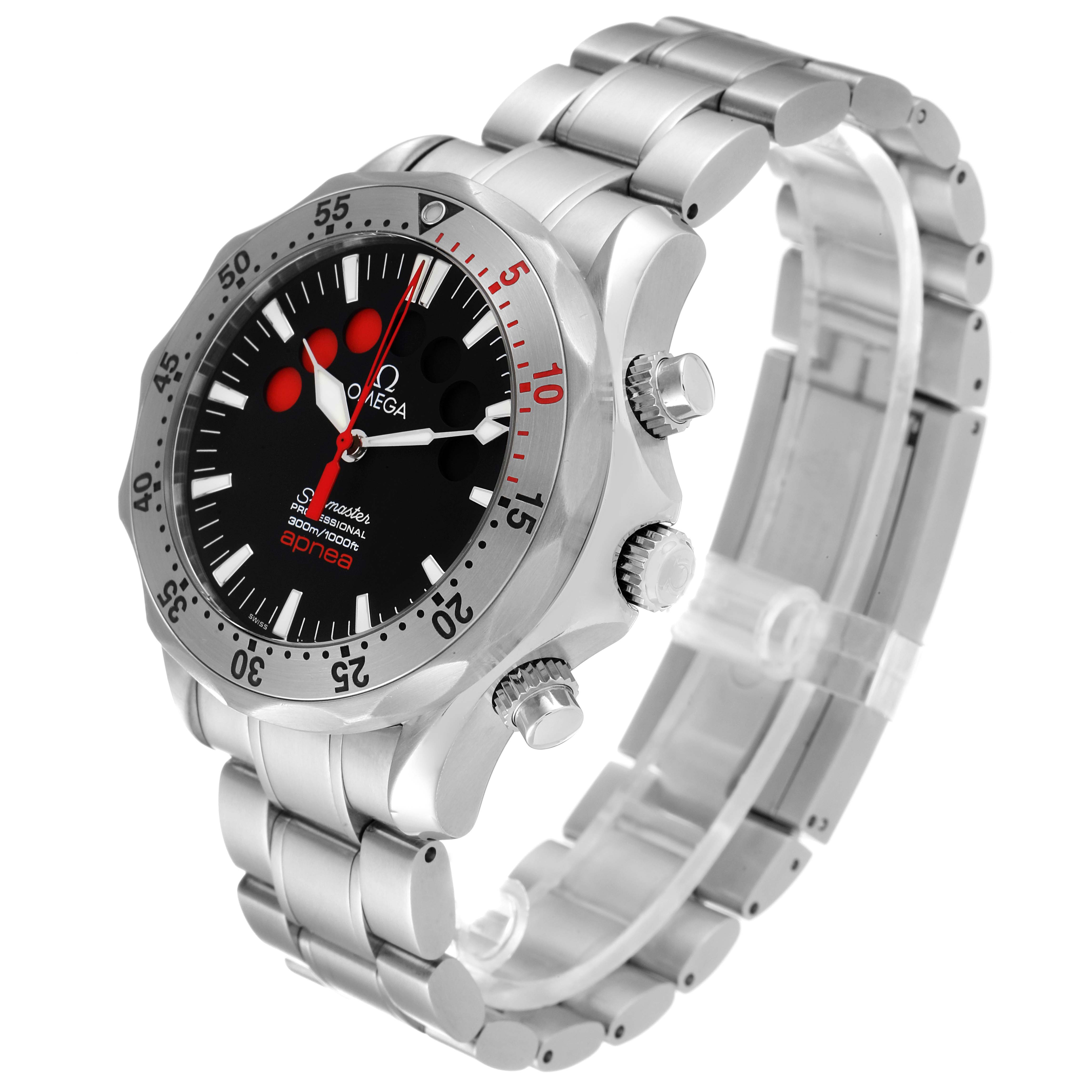 The Omega Seamaster 2595.50.00 Men's Stainless Steel Black Dial 2595.50.00 Men's Stainless Steel Black Dial watch is shown at an angle, revealing the face, bezel, crown, and stainless steel bracelet.