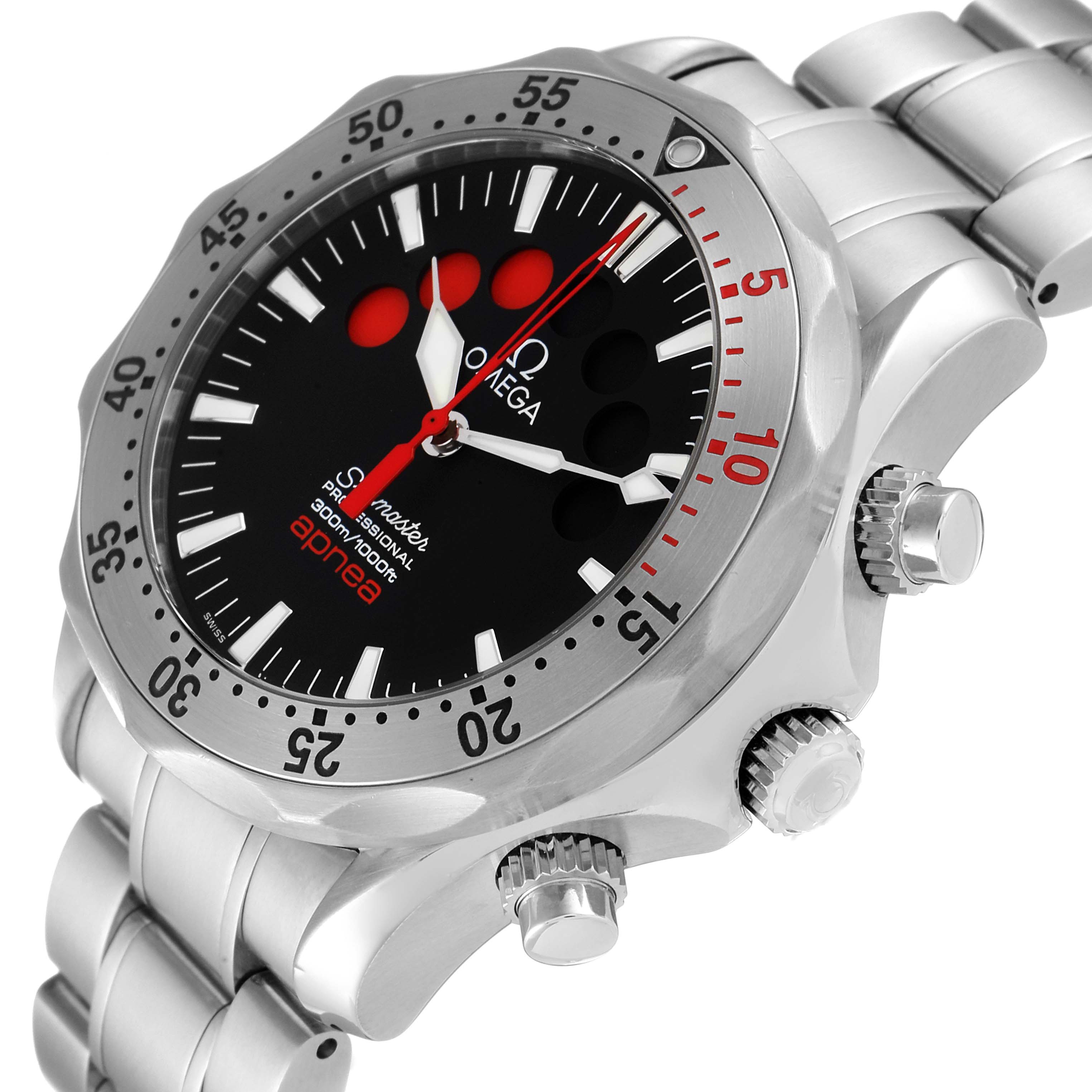 The image shows an angled view of the Omega Seamaster 2595.50.00 Men's Stainless Steel Black Dial 2595.50.00 Men's Stainless Steel Black Dial watch, highlighting its bezel, dial, crown, and stainless steel bracelet.