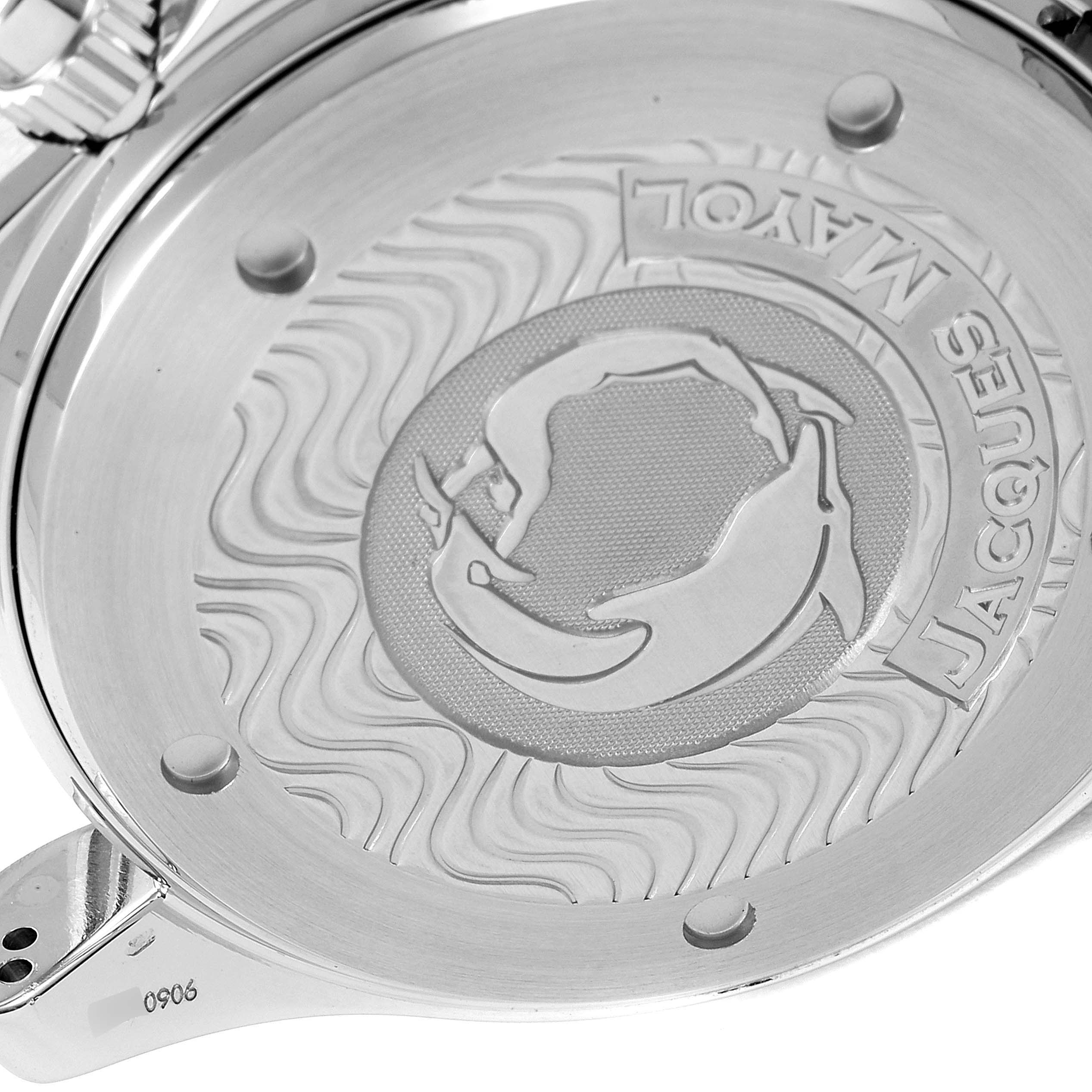 This image shows the engraved case back of an Omega Seamaster 2595.50.00 Men's Stainless Steel Black Dial 2595.50.00 Men's Stainless Steel Black Dial watch featuring the Jacques Mayol engraving.