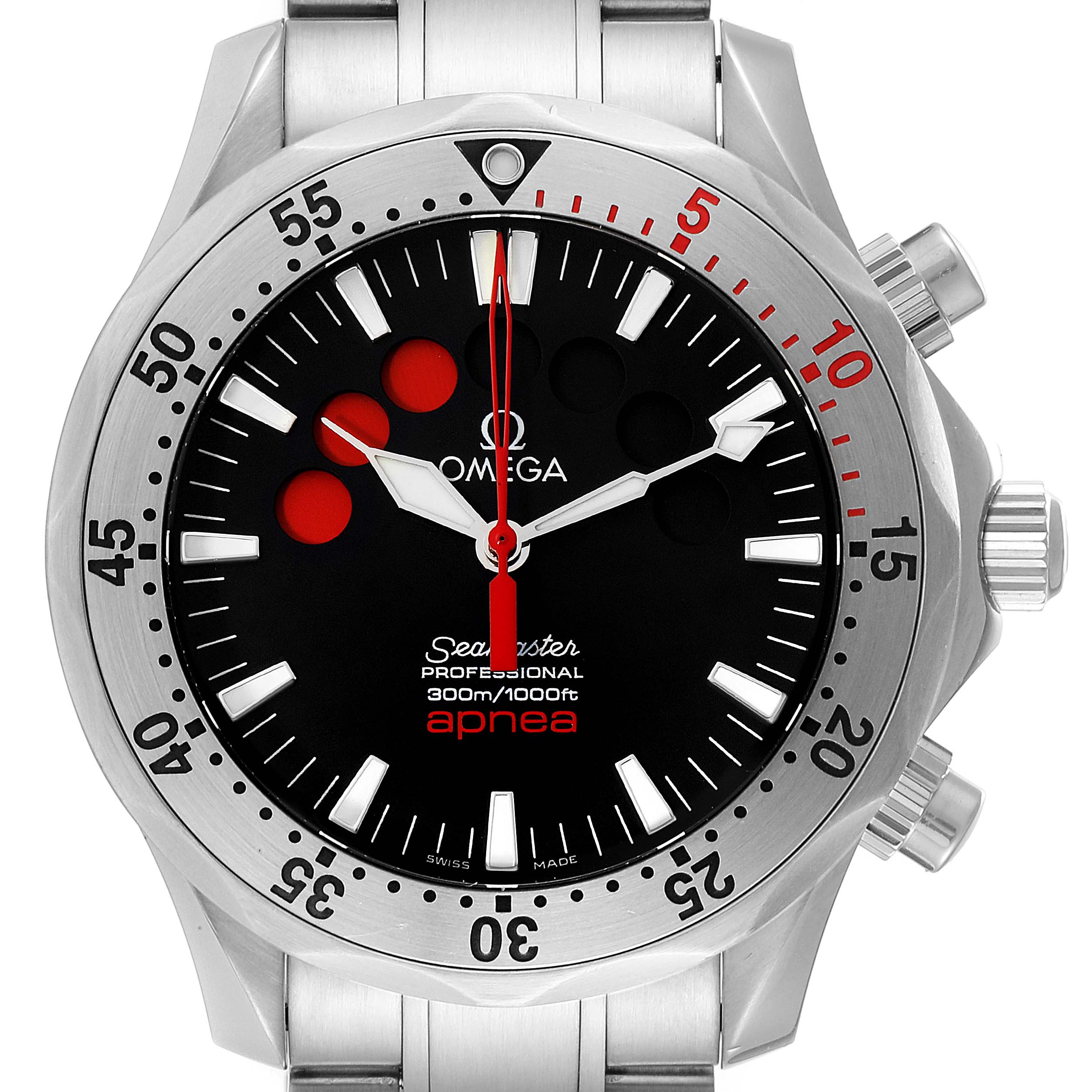 The image shows a front view of the Omega Seamaster 2595.50.00 Men's Stainless Steel Black Dial 2595.50.00 Men's Stainless Steel Black Dial Professional Apnea watch, highlighting the dial, bezel, and bracelet.