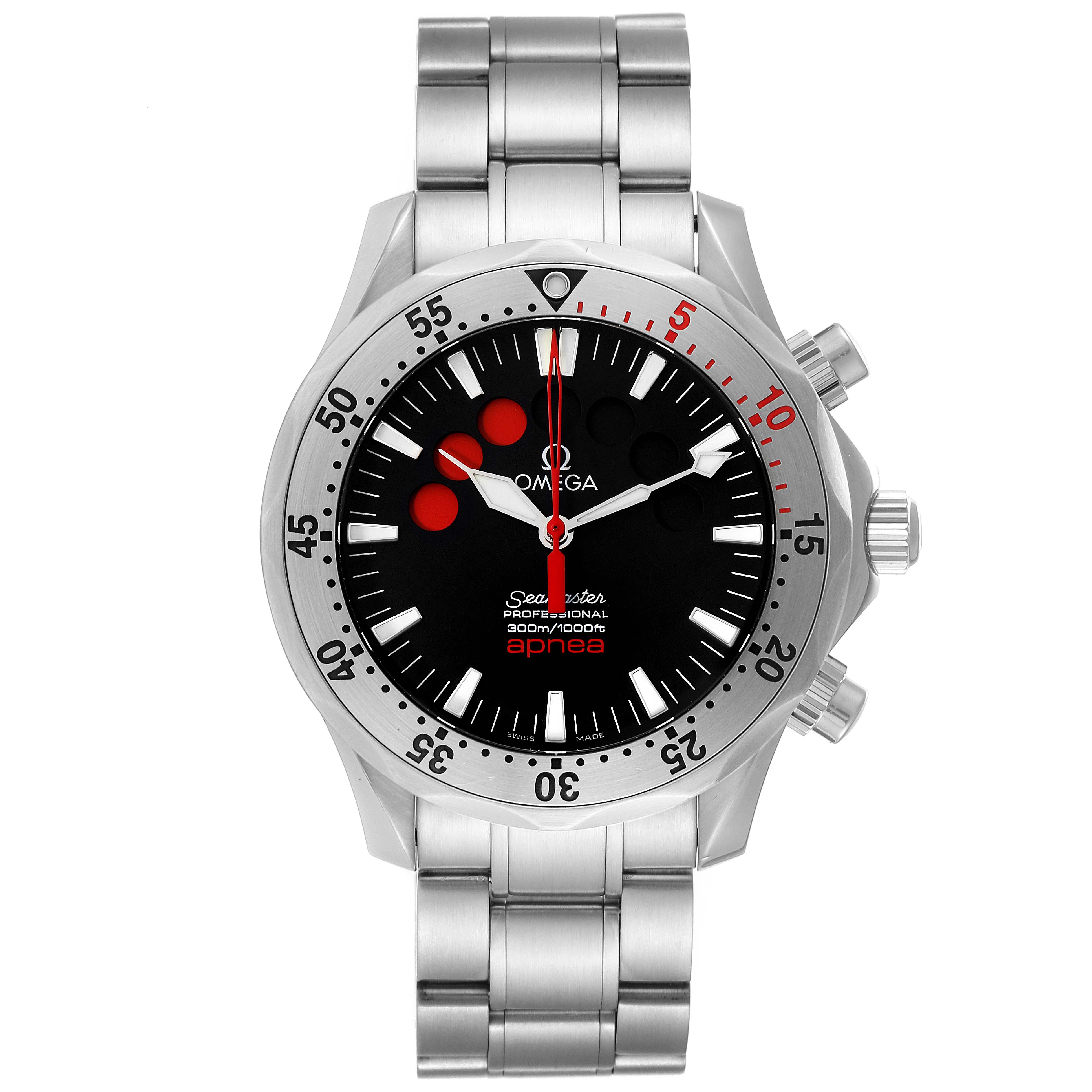This image shows a front view of an Omega Seamaster 2595.50.00 Men's Stainless Steel Black Dial 2595.50.00 Men's Stainless Steel Black Dial watch, highlighting its face, stainless steel bracelet, and crown.