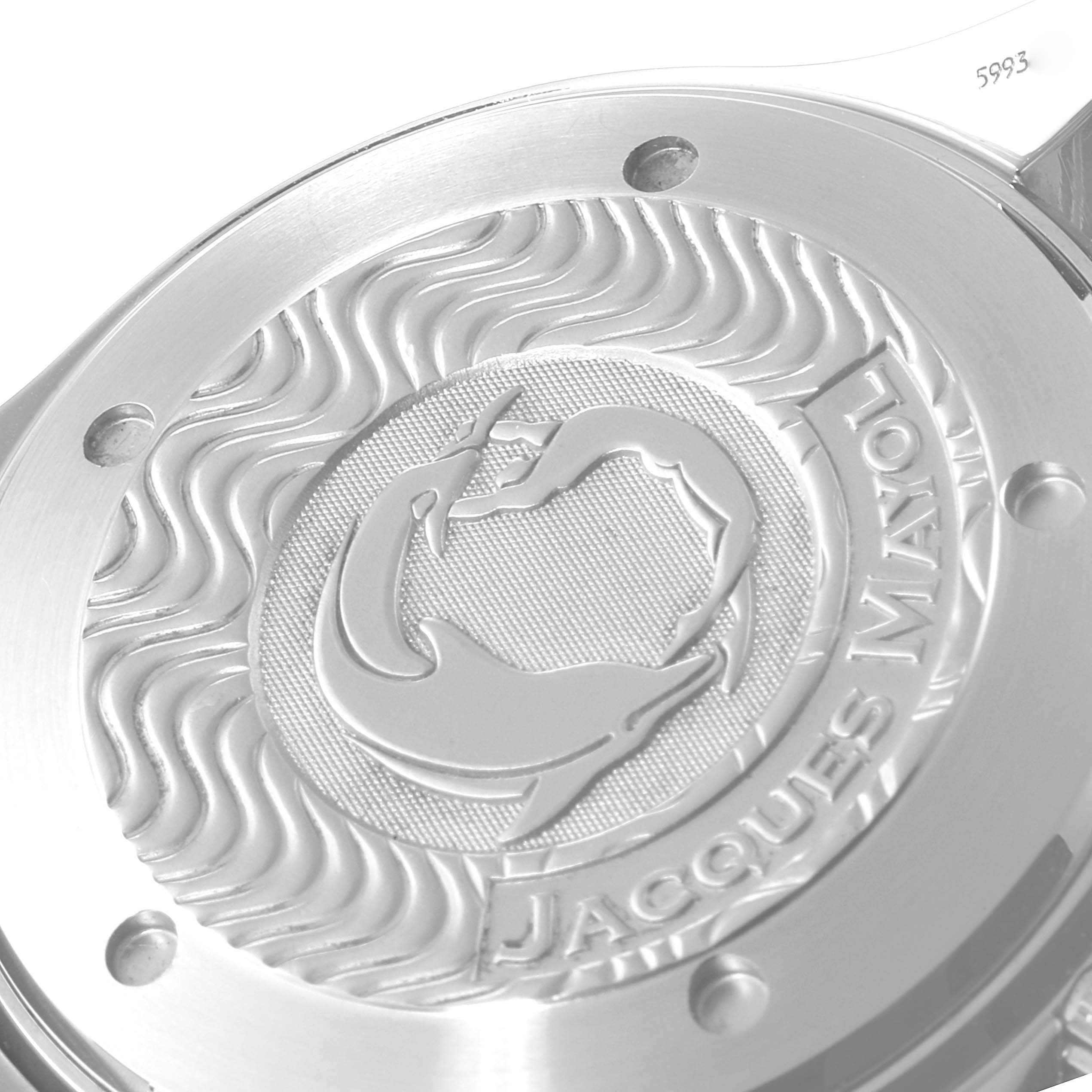 The image shows the engraved case back of an Omega Seamaster 2595.30.00 Men's Stainless Steel Silver Dial 2595.30.00 Men's Stainless Steel Silver Dial watch, featuring the Jacques Mayol edition design.