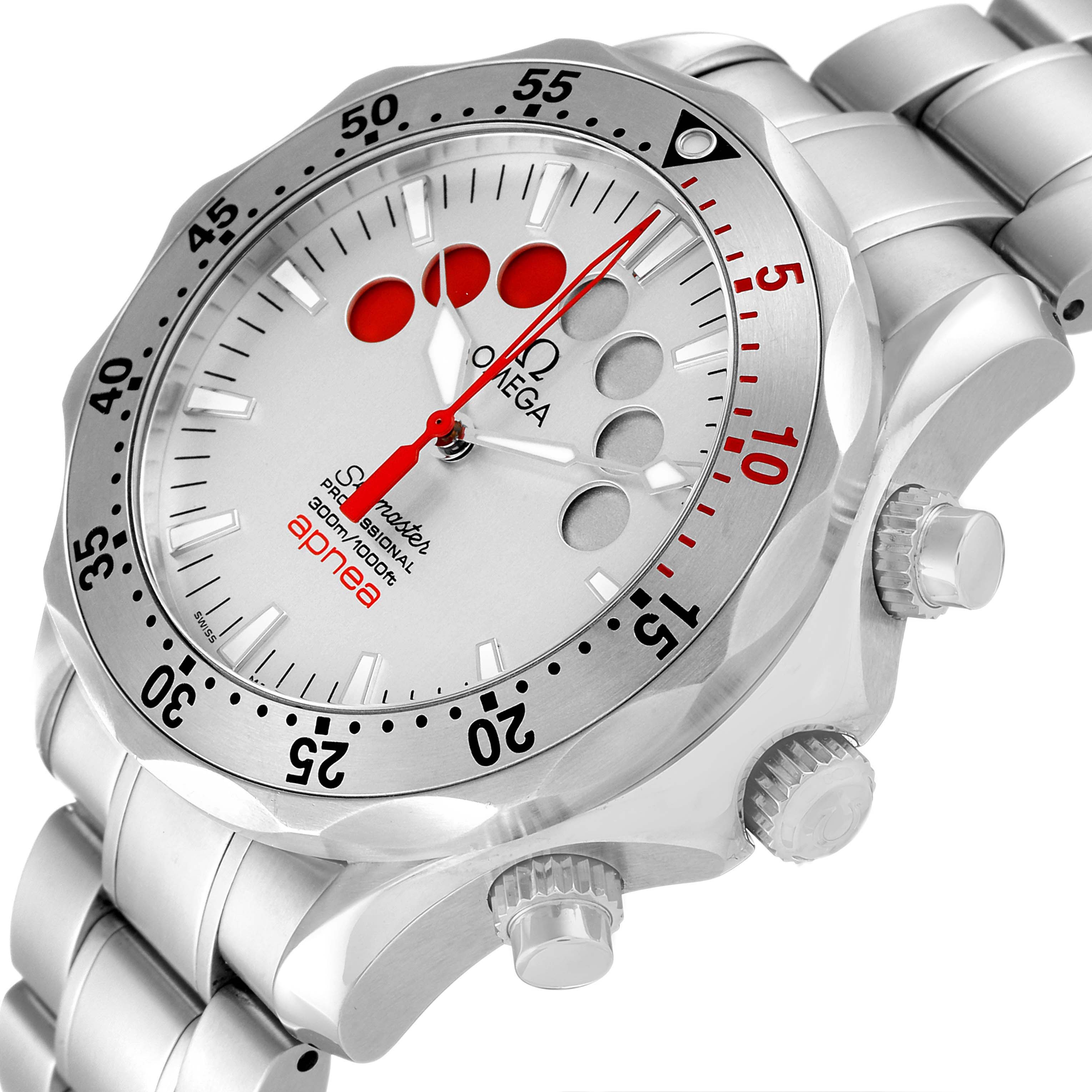 The image shows the Omega Seamaster 2595.30.00 Men's Stainless Steel Silver Dial 2595.30.00 Men's Stainless Steel Silver Dial watch at a slight top-side angle, highlighting its face, bezel, and crown.