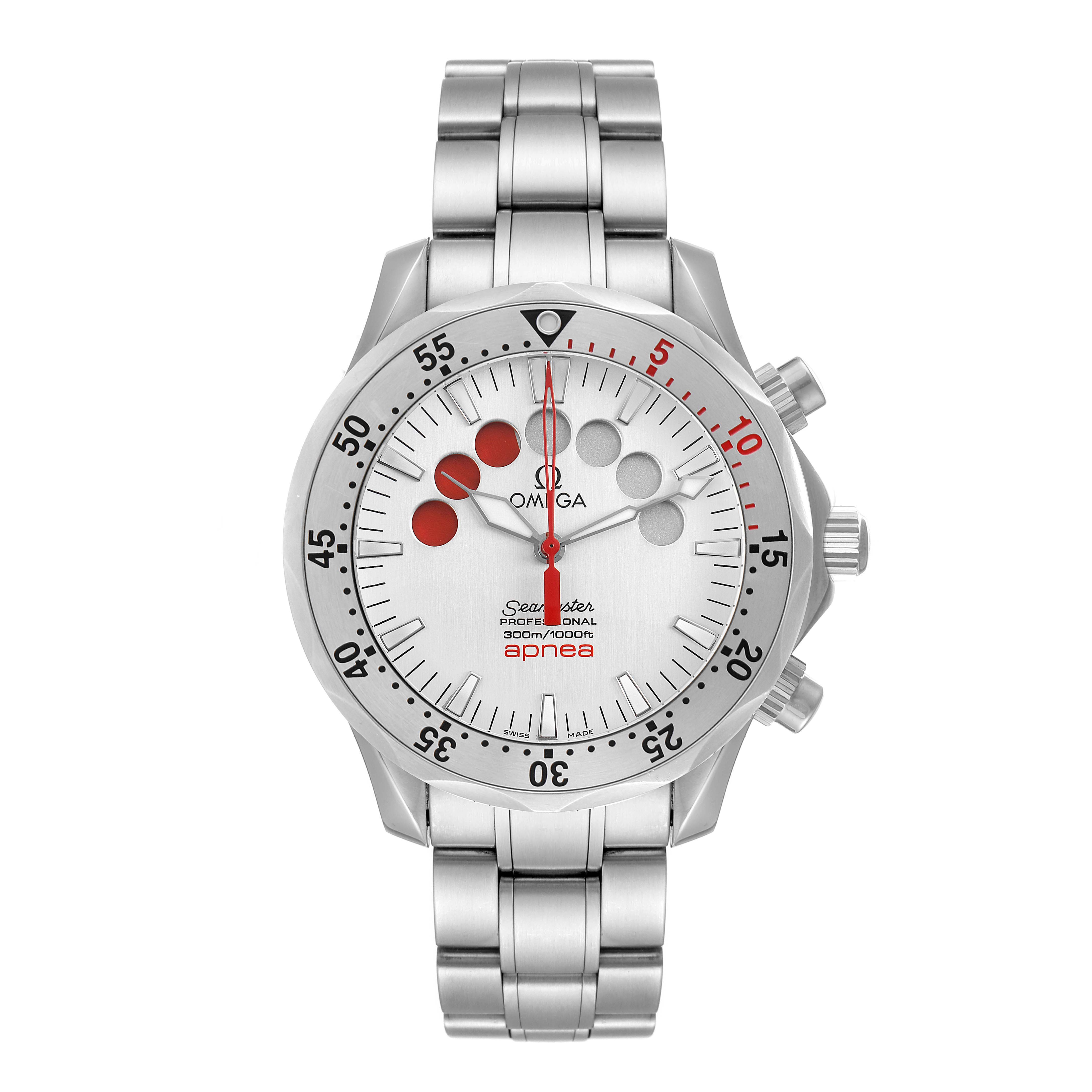 The image shows a front view of the Omega Seamaster 2595.30.00 Men's Stainless Steel Silver Dial 2595.30.00 Men's Stainless Steel Silver Dial watch, highlighting the dial, bezel, hands, and metal bracelet.