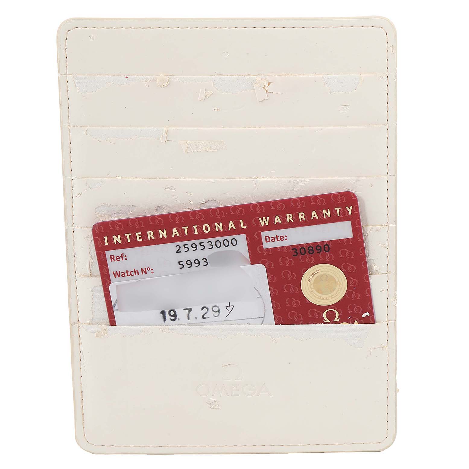 The image shows an Omega Seamaster 2595.30.00 Men's Stainless Steel Silver Dial 2595.30.00 Men's Stainless Steel Silver Dial model's International Warranty card and its holder, viewed from the front.