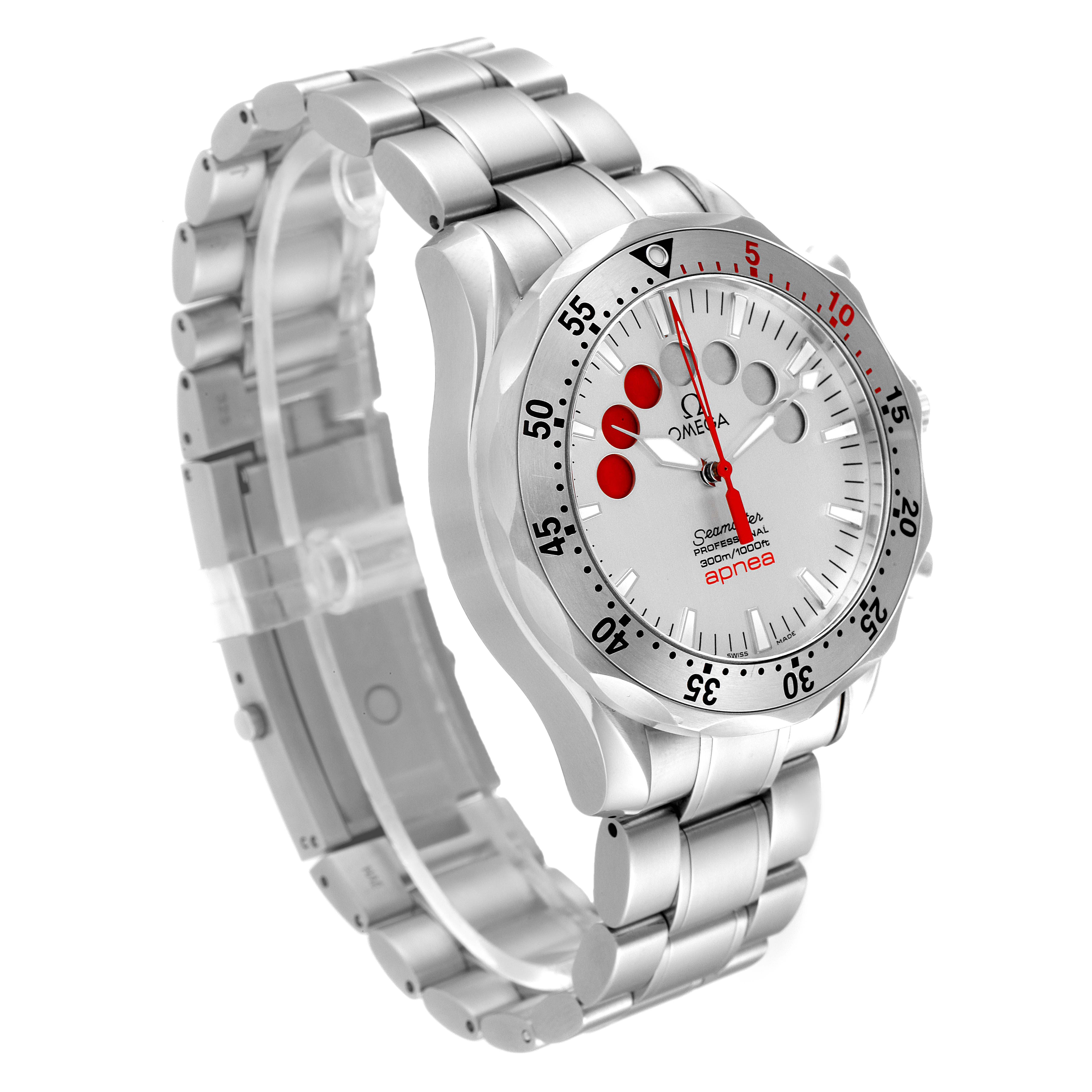 The Omega Seamaster 2595.30.00 Men's Stainless Steel Silver Dial 2595.30.00 Men's Stainless Steel Silver Dial watch is shown at an angled view highlighting its bezel, face, and metal bracelet.