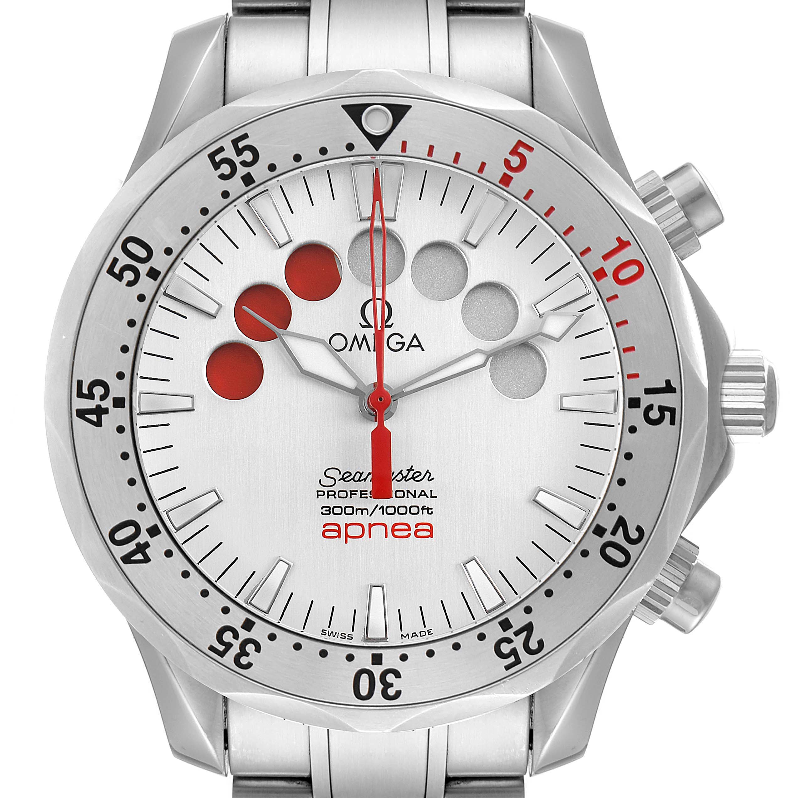 The image shows a front view of the Omega Seamaster 2595.30.00 Men's Stainless Steel Silver Dial 2595.30.00 Men's Stainless Steel Silver Dial Professional Apnea watch, highlighting the bezel, dial, and crown.