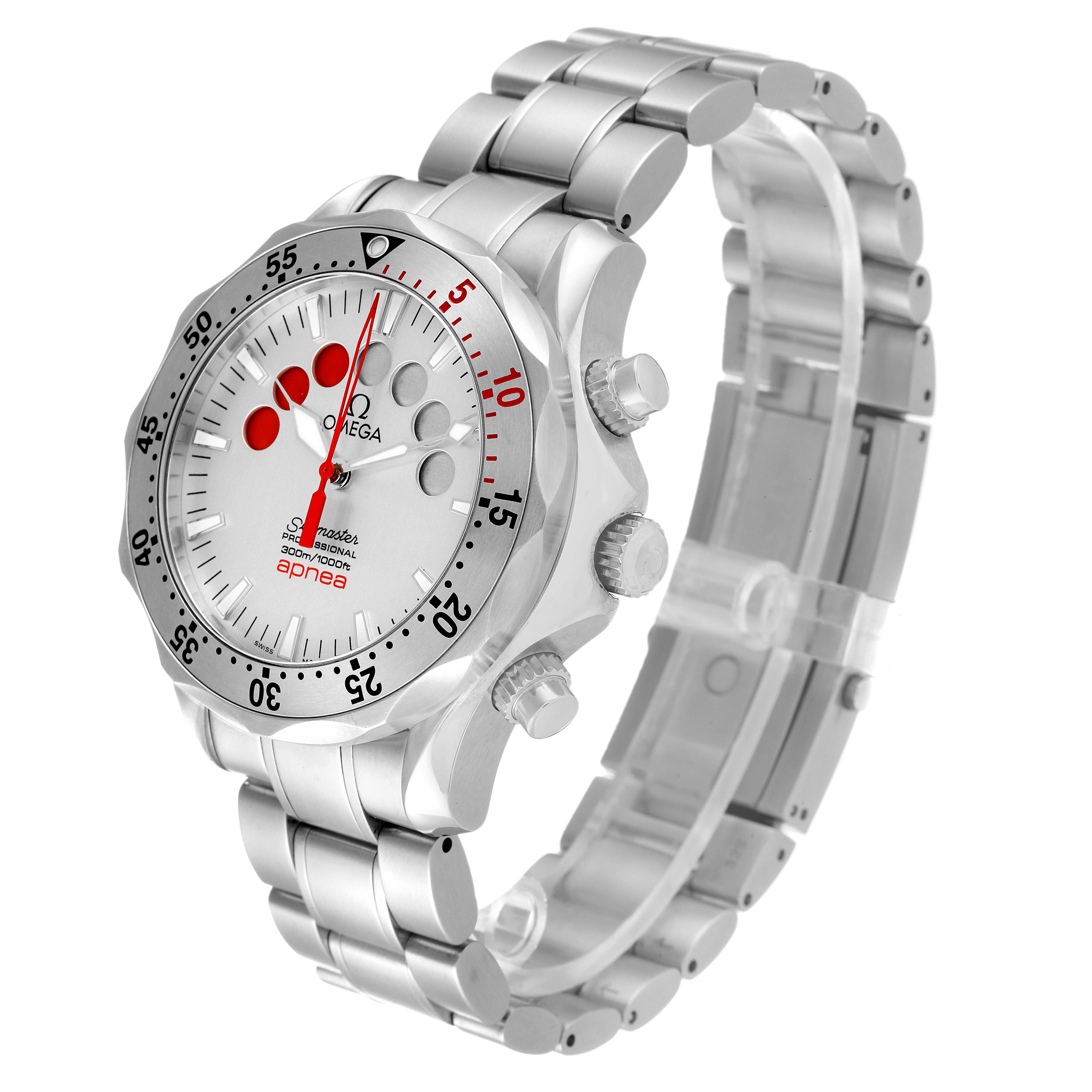 The image shows an angled view of the Omega Seamaster 2595.30.00 Men's Stainless Steel Silver Dial 2595.30.00 Men's Stainless Steel Silver Dial watch, featuring the dial, bezel, crown, and stainless steel bracelet.