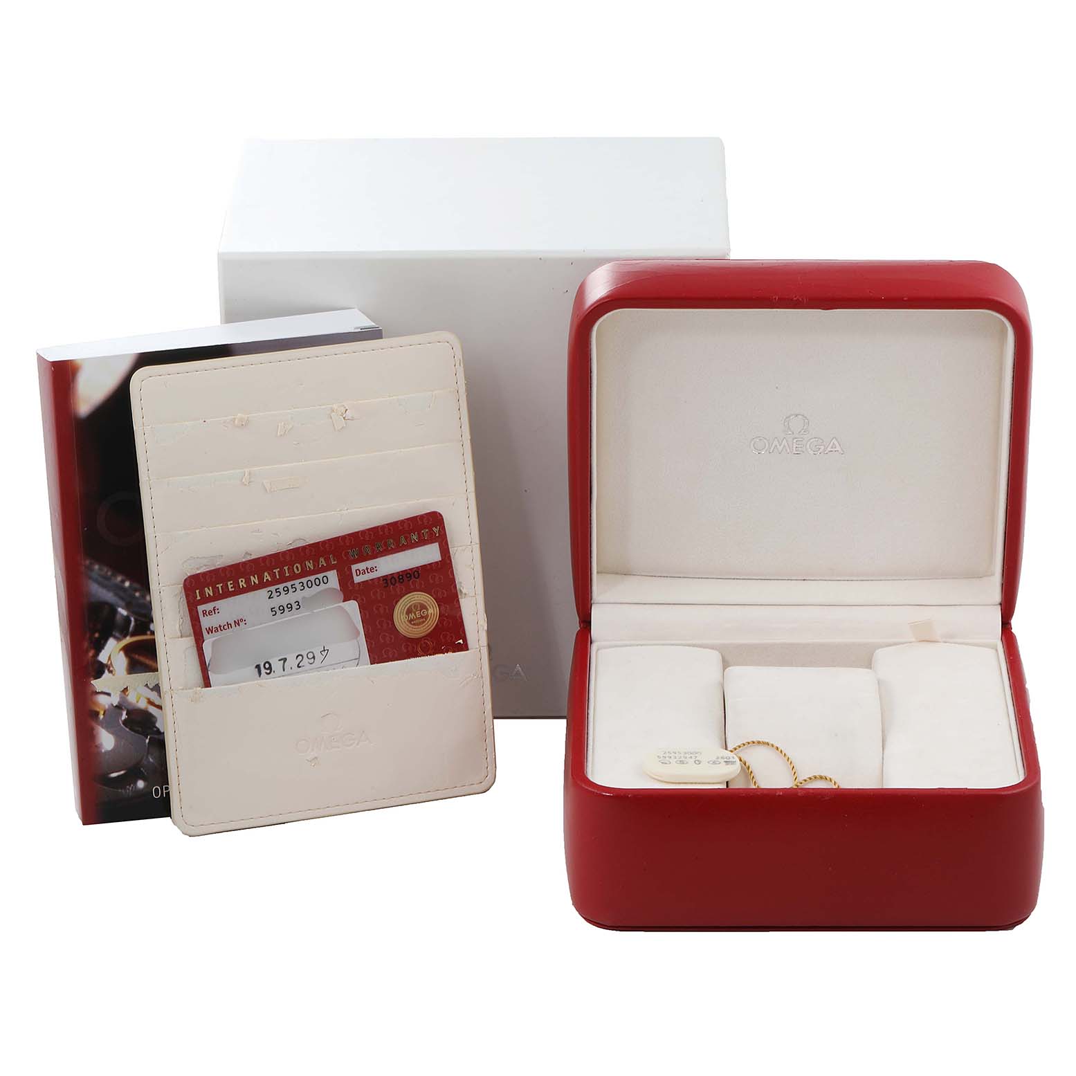 This image shows the Omega Seamaster 2595.30.00 Men's Stainless Steel Silver Dial 2595.30.00 Men's Stainless Steel Silver Dial watch accessories including the box, warranty card, and cardholder.