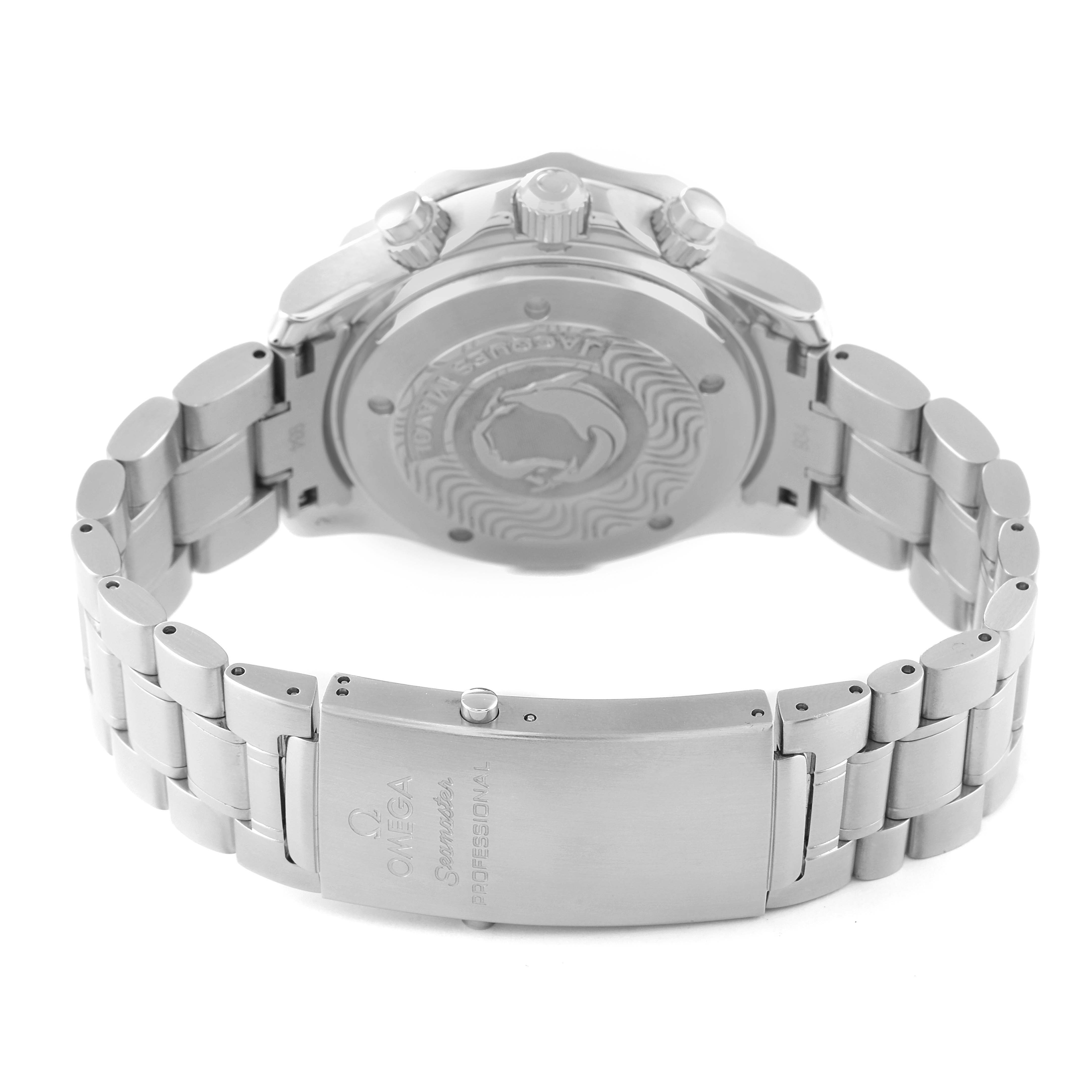 The image shows the back case and clasp of an Omega Seamaster 2595.30.00 Men's Stainless Steel Silver Dial 2595.30.00 Men's Stainless Steel Silver Dial watch from a rear angle.