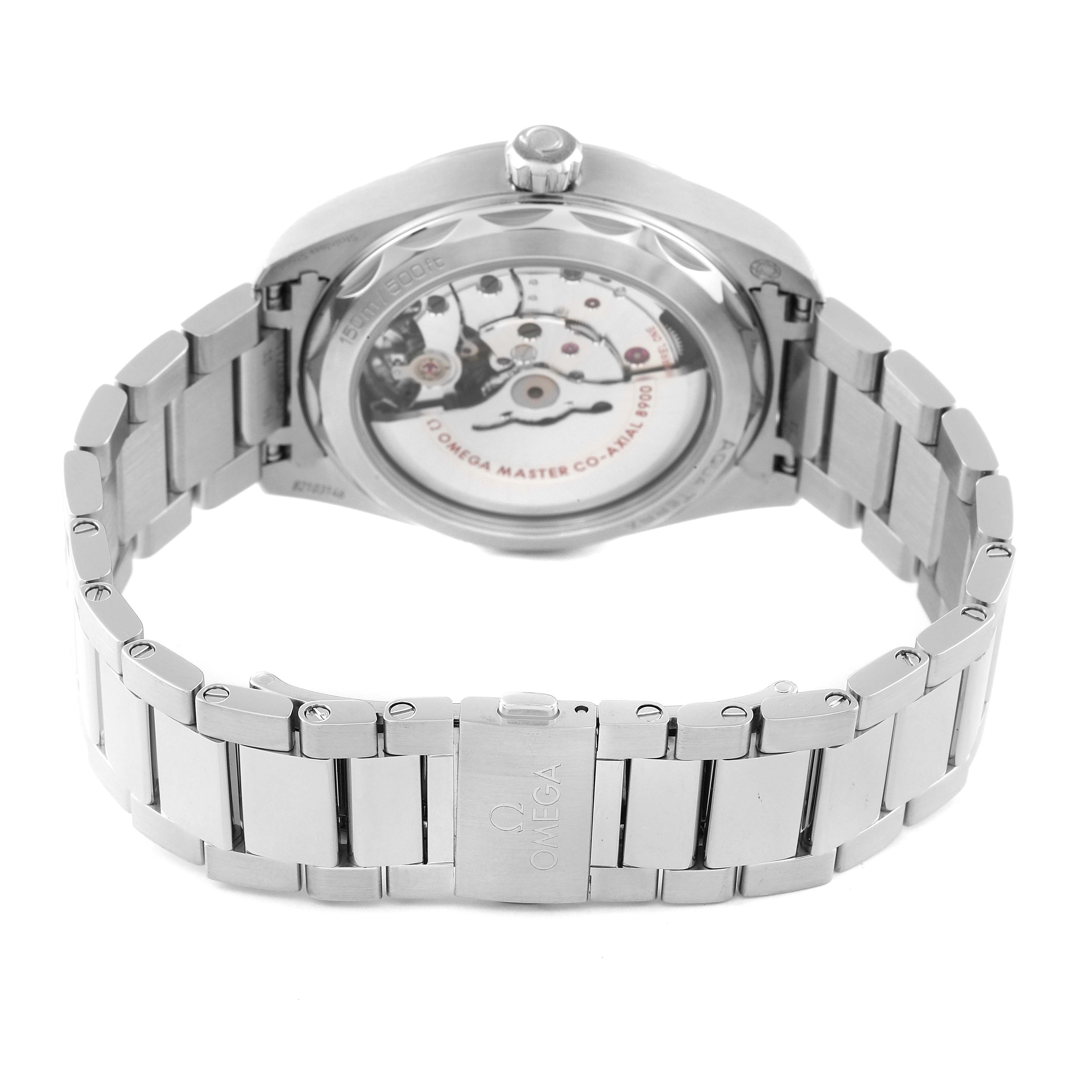 The image shows the back view of the Omega Aqua Terra 220.10.41.21.03.002 Men
s Stainless Steel Blue Dial 220.10.41.21.03.002 Men
s Stainless Steel Blue Dial watch, highlighting its movement and stainless steel bracelet.