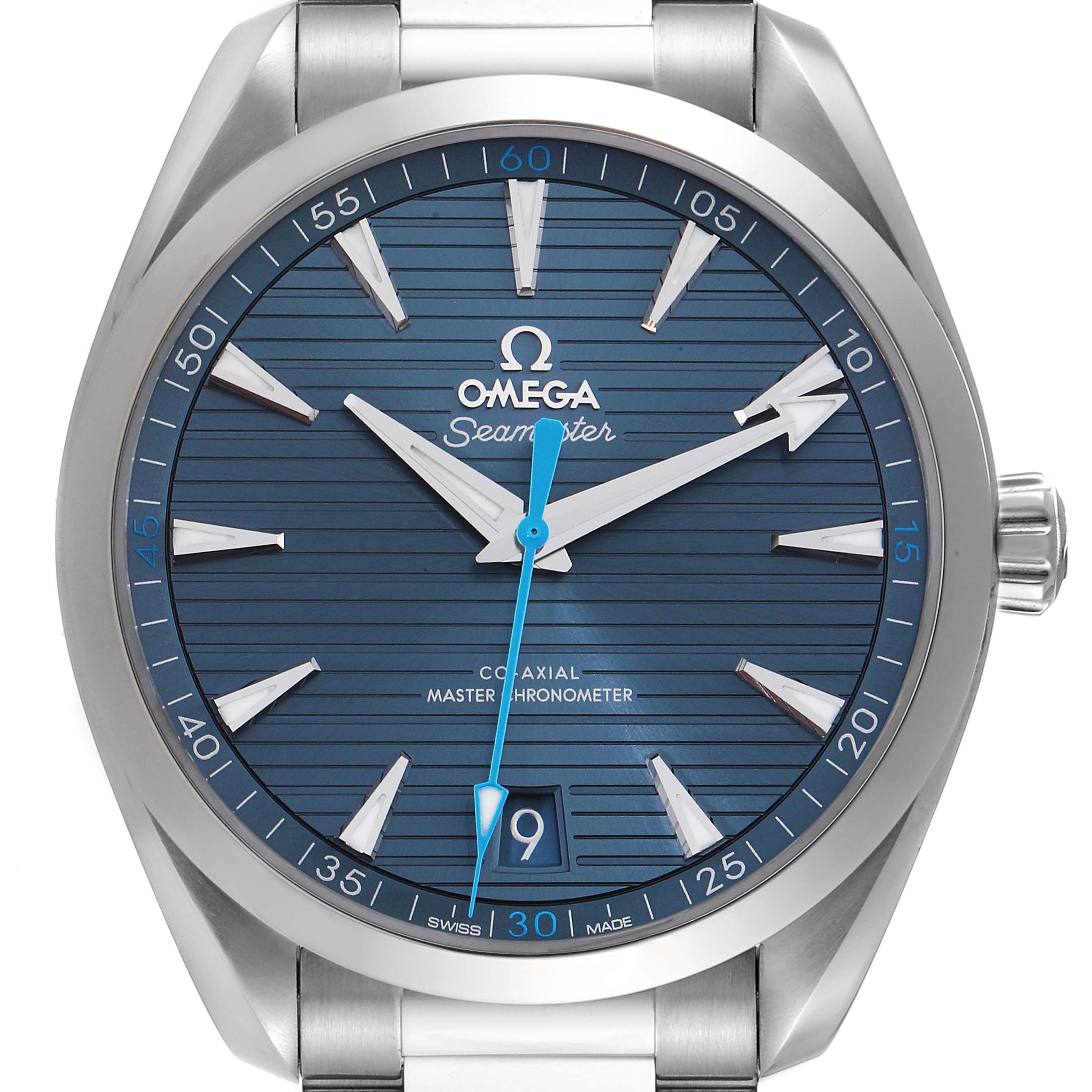 This is a front view of the Omega Seamaster Aqua Terra watch, showing the dial, hands, and part of the bracelet.