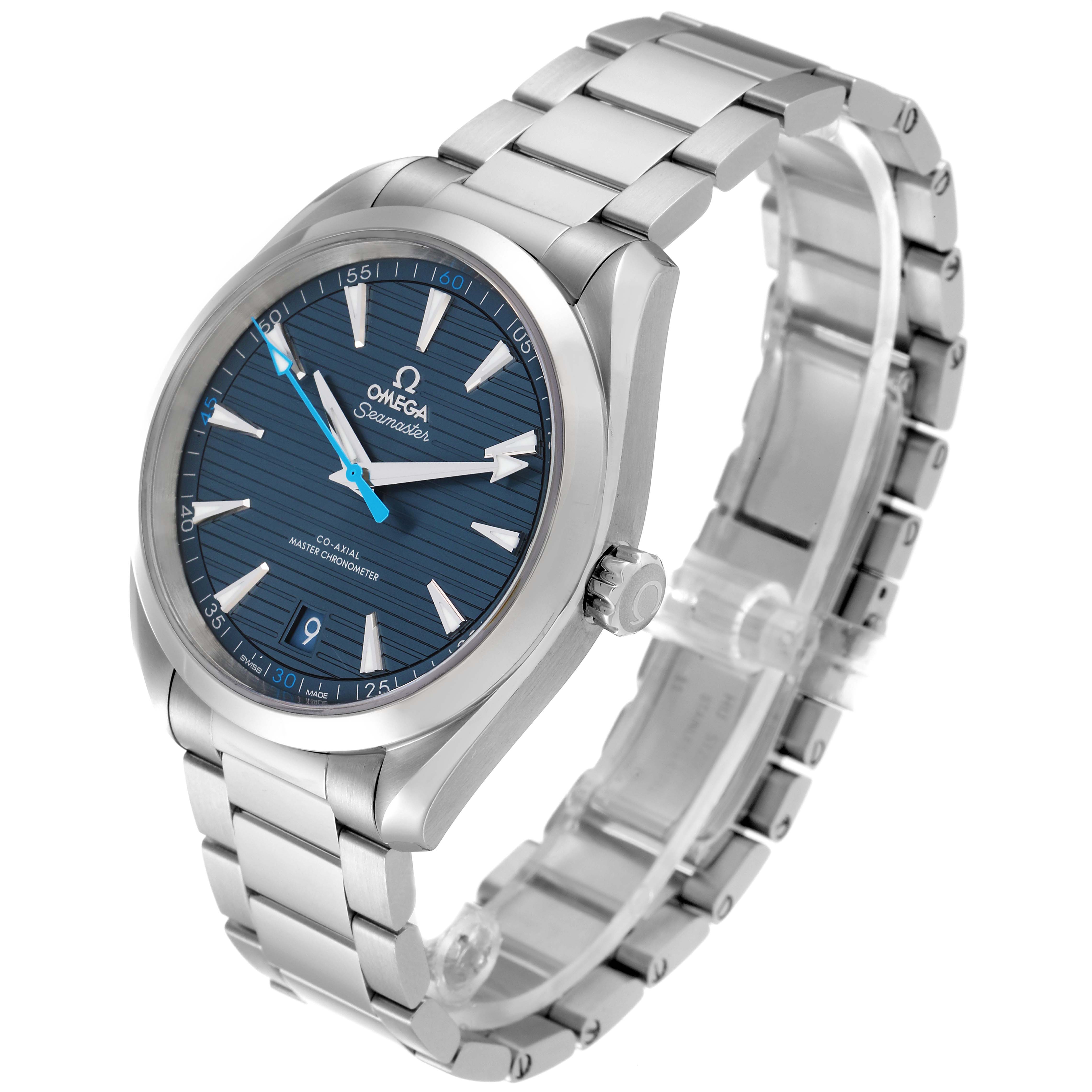 The image shows the Omega Aqua Terra 220.10.41.21.03.002 Men
s Stainless Steel Blue Dial 220.10.41.21.03.002 Men
s Stainless Steel Blue Dial model watch at a three-quarter angle, highlighting the face, bezel, crown, and bracelet.