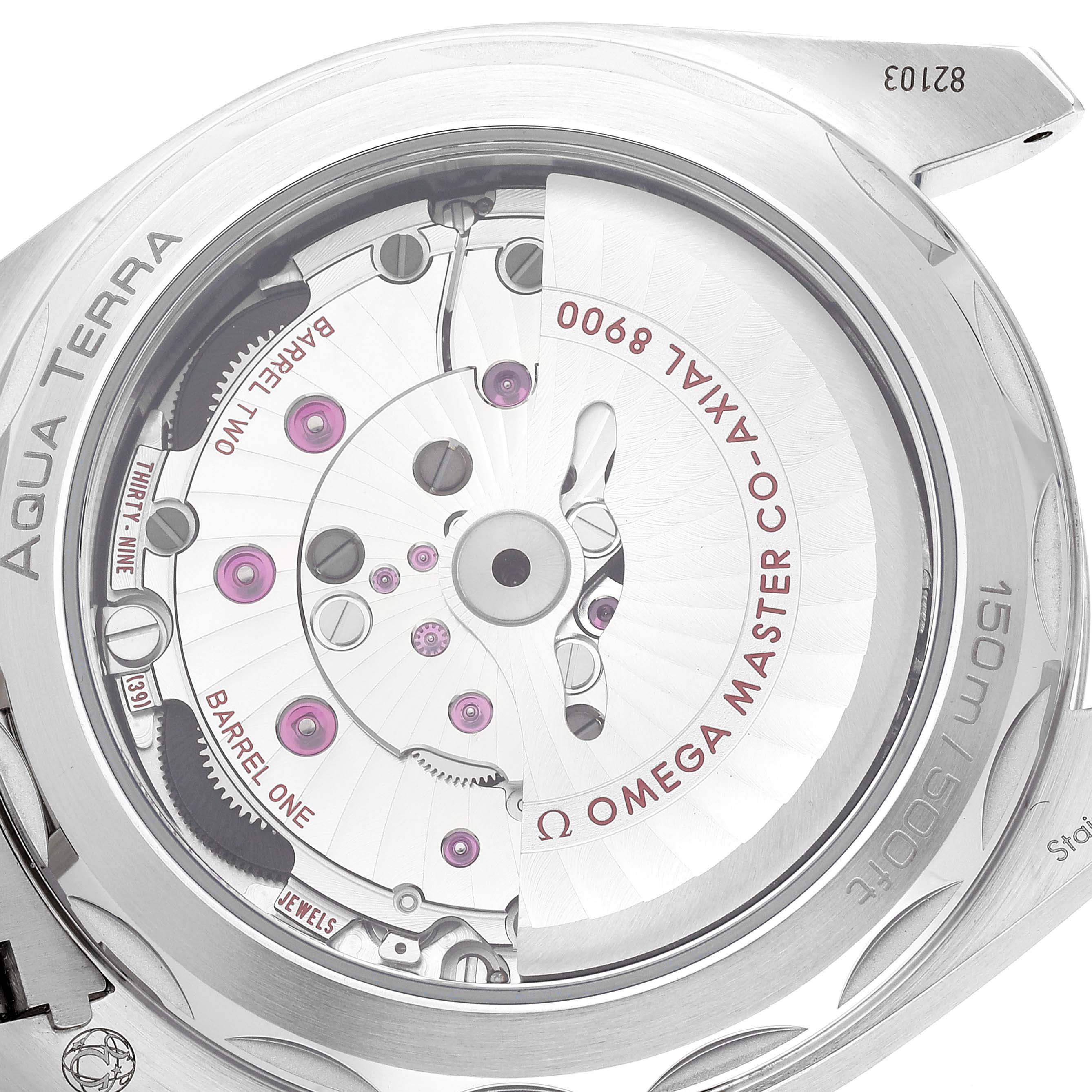 The image shows the back view of the Omega Aqua Terra 220.10.41.21.03.002 Men
s Stainless Steel Blue Dial 220.10.41.21.03.002 Men
s Stainless Steel Blue Dial watch, revealing its intricate mechanical movement.