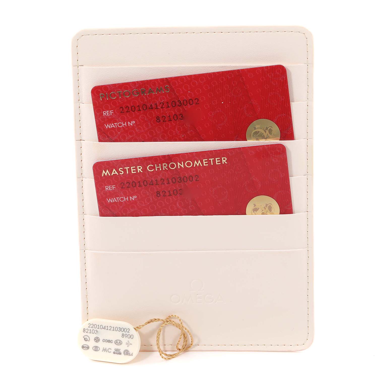 This image shows the certification cards and a tag for the Omega Aqua Terra 220.10.41.21.03.002 Men
s Stainless Steel Blue Dial 220.10.41.21.03.002 Men
s Stainless Steel Blue Dial watch, displayed in a white cardholder.