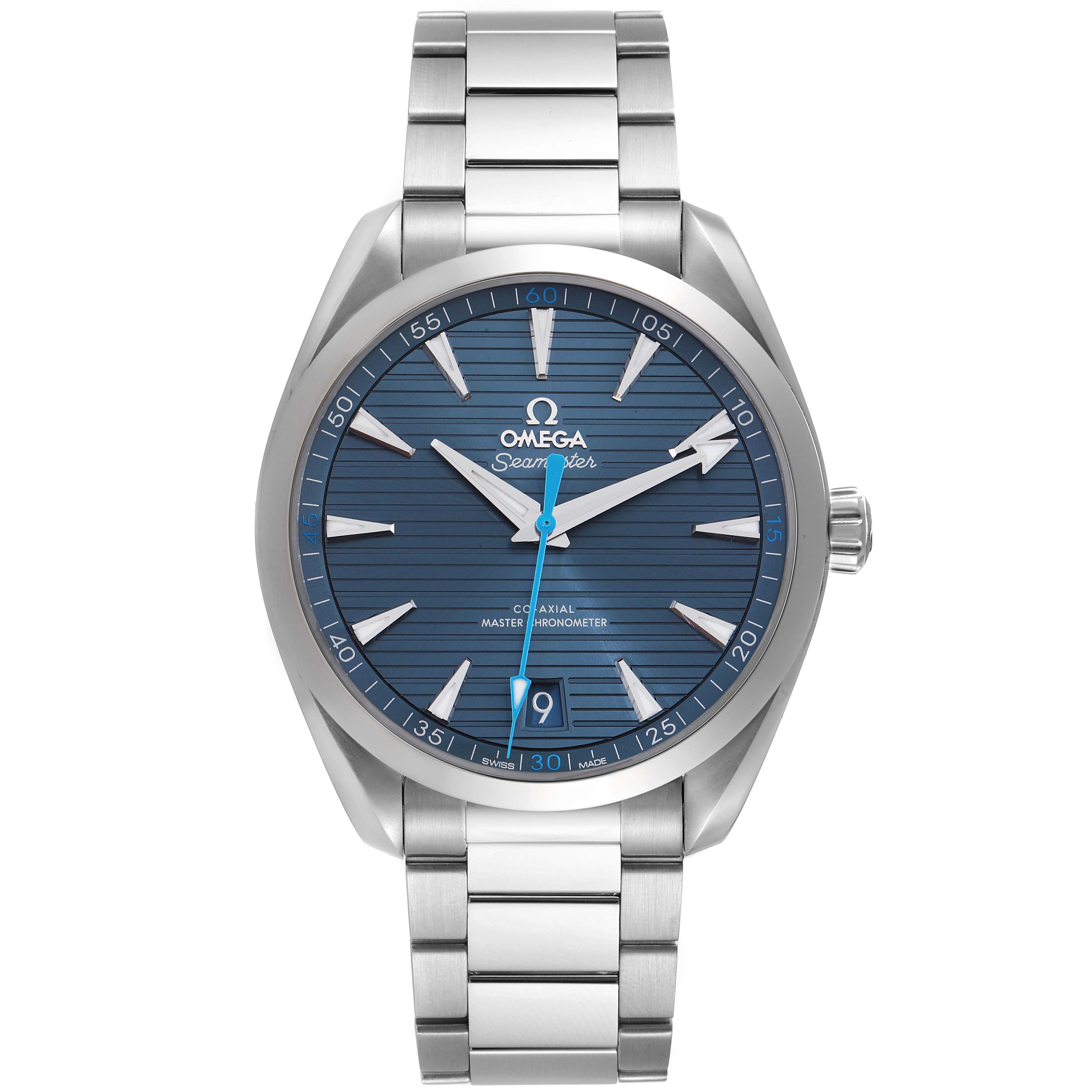 The image shows a front view of the Omega Aqua Terra 220.10.41.21.03.002 Men
s Stainless Steel Blue Dial 220.10.41.21.03.002 Men
s Stainless Steel Blue Dial model with its stainless steel bracelet, blue dial, and date window at 6 o
clock.