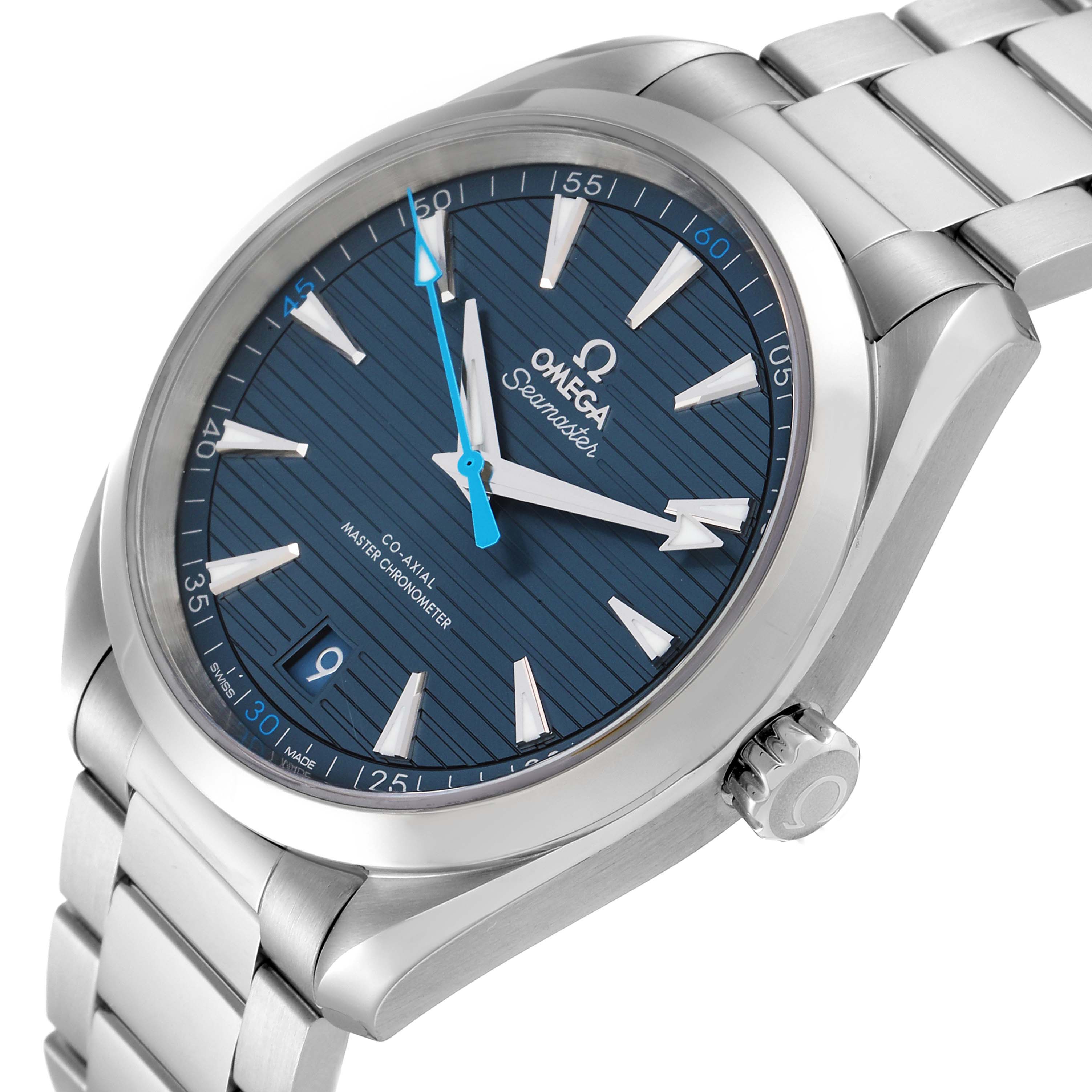 The Aqua Terra by Omega is shown in a slightly angled side view, highlighting its blue dial, hands, markers, and metal bracelet.