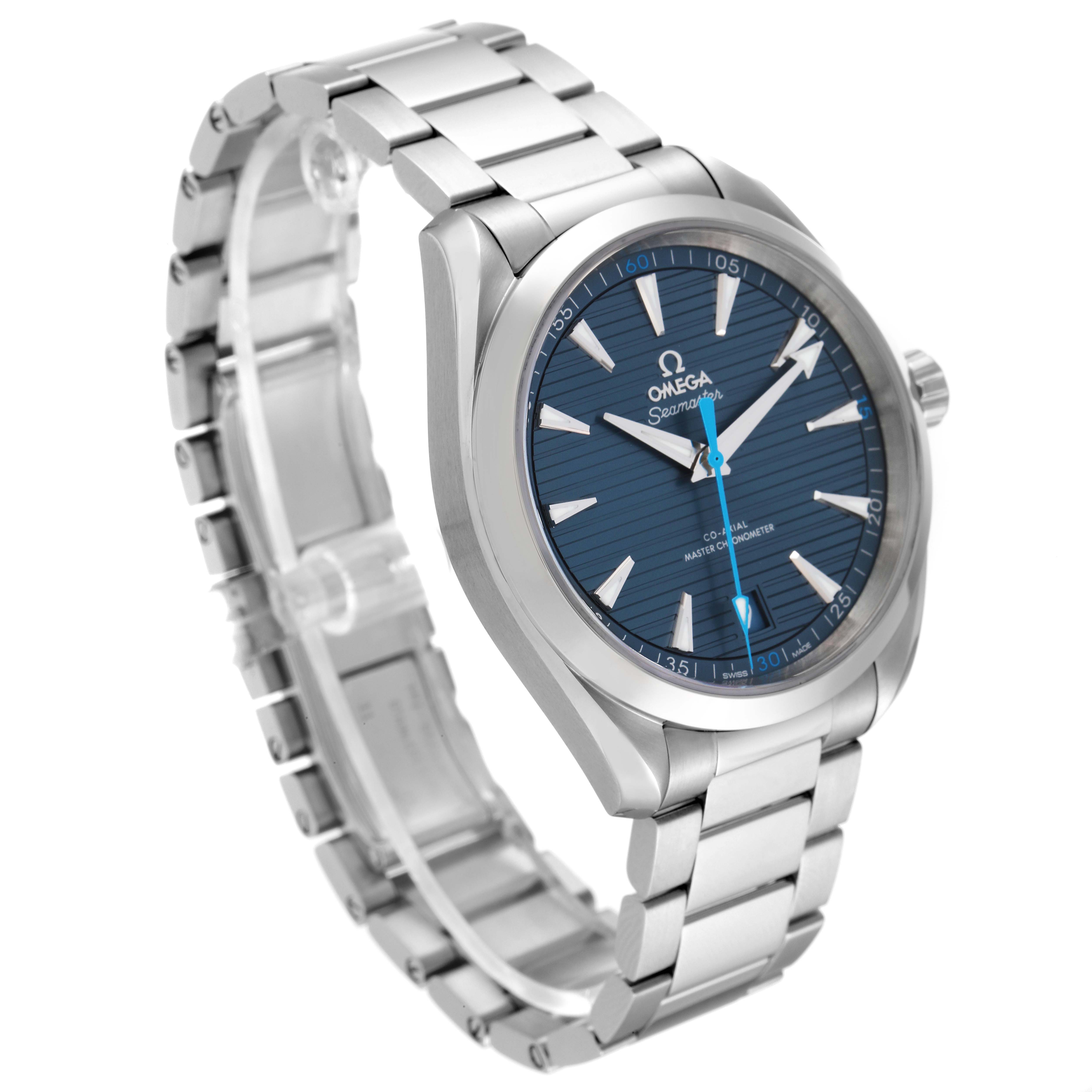 The image shows an Omega Aqua Terra 220.10.41.21.03.002 Men
s Stainless Steel Blue Dial 220.10.41.21.03.002 Men
s Stainless Steel Blue Dial watch from a front angle, highlighting its face, dial, and metal bracelet.