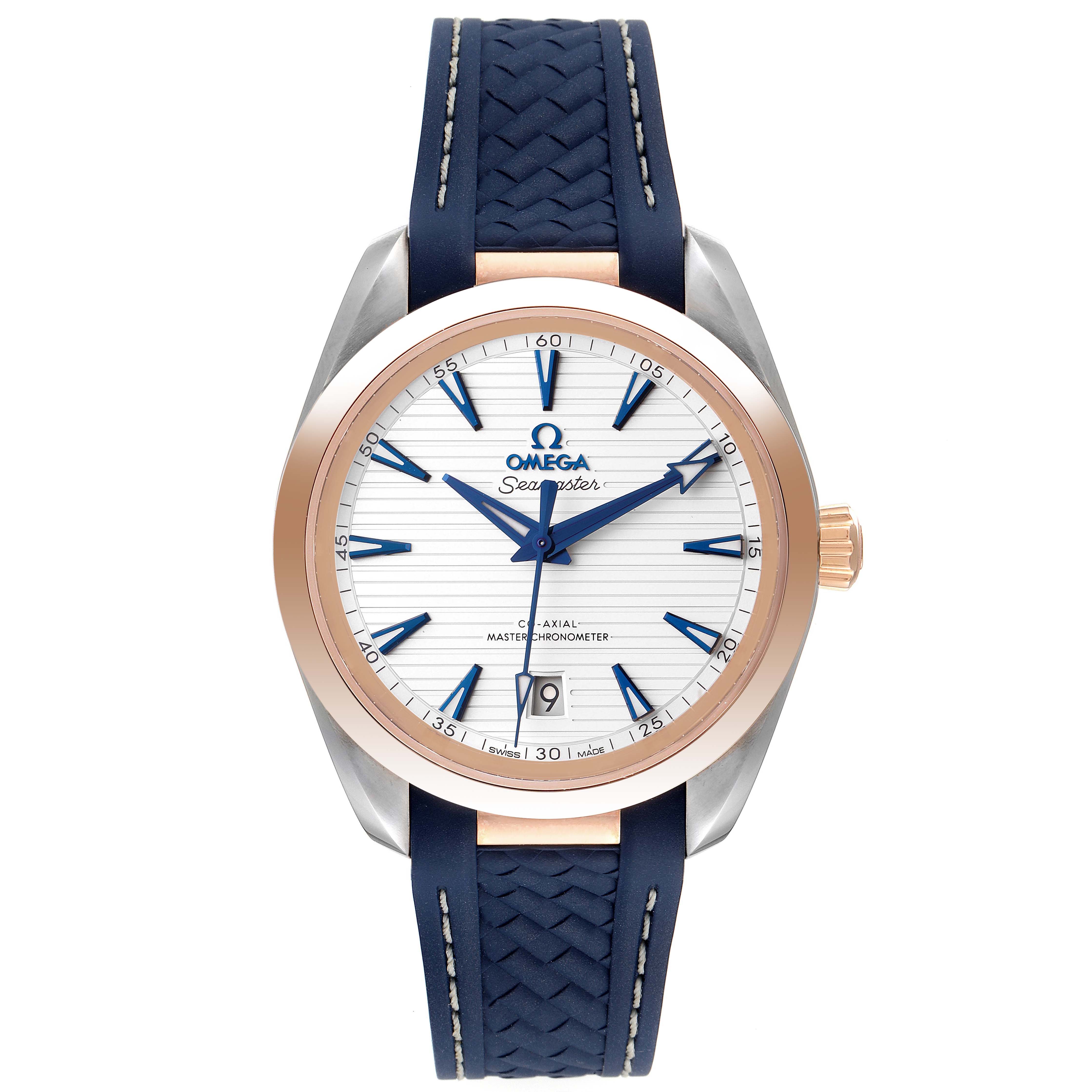 The image shows a front view of the Omega Aqua Terra 220.22.38.20.02.001 Men's Steel and Gold (two tone) Silver Dial 220.22.38.20.02.001 Men's Steel and Gold (two tone) Silver Dial watch with a blue strap, white dial, and gold bezel.